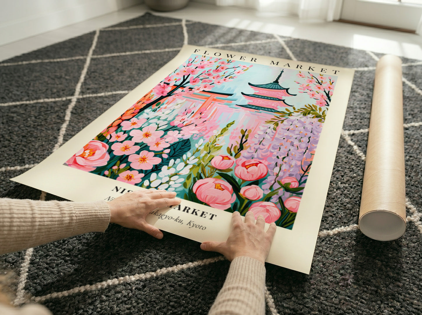 Nishiki Market flower market artwork featuring pink blossoms and pagodas in pastel colors