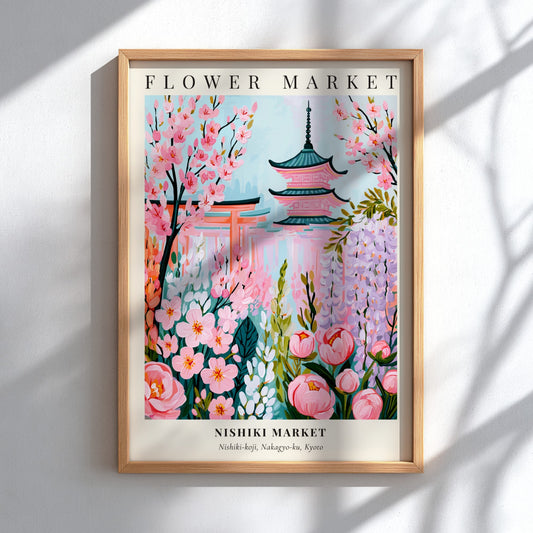 Nishiki Market flower market artwork featuring pink blossoms and pagodas in pastel colors