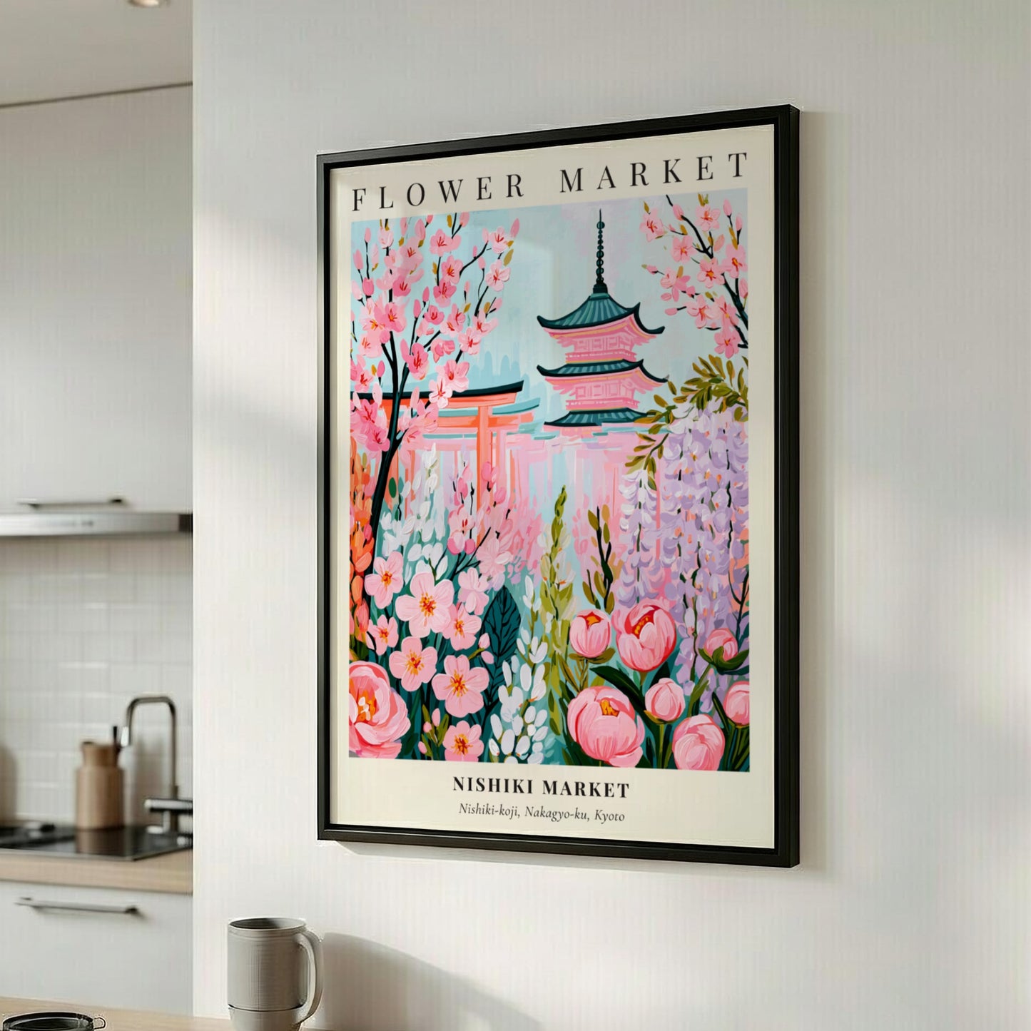 Nishiki Market flower market artwork featuring pink blossoms and pagodas in pastel colors