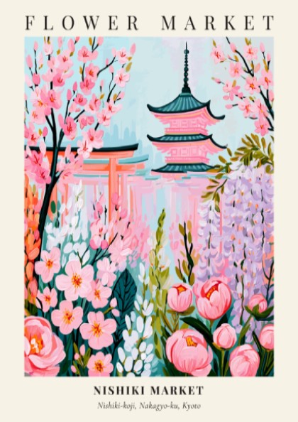 Nishiki Market flower market artwork featuring pink blossoms and pagodas in pastel colors