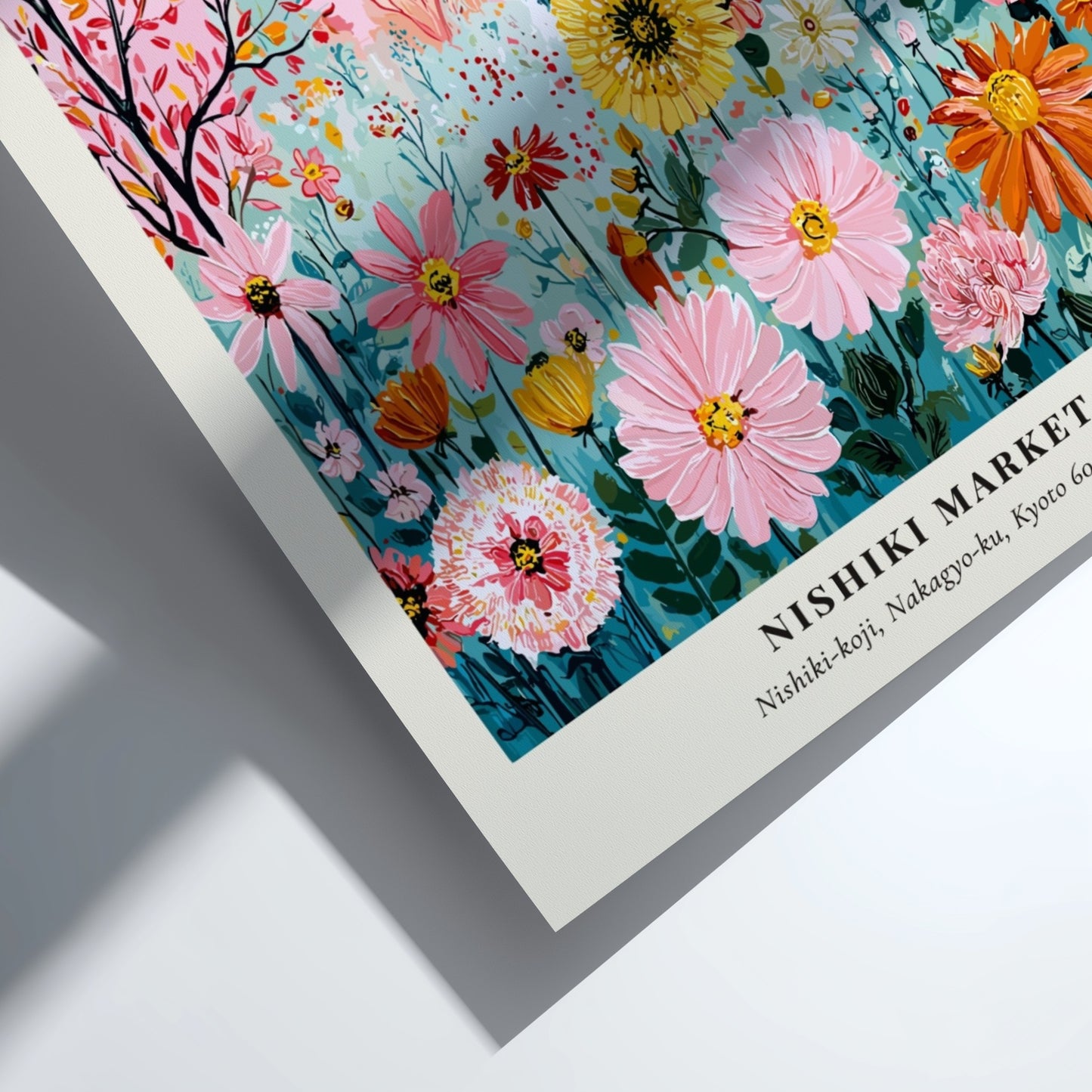 Floral art print featuring colorful flowers and a pagoda in a vibrant garden setting