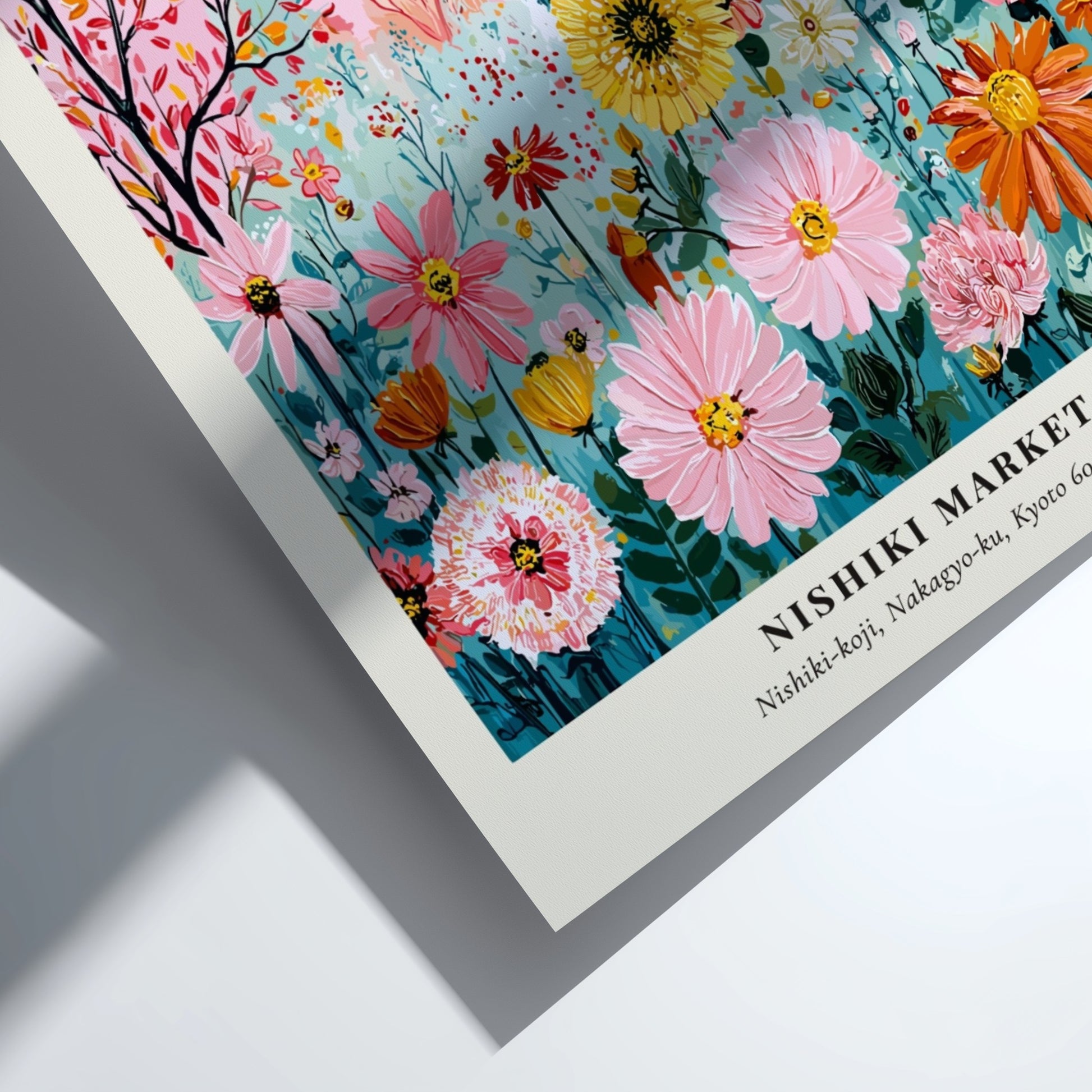 Floral art print featuring colorful flowers and a pagoda in a vibrant garden setting