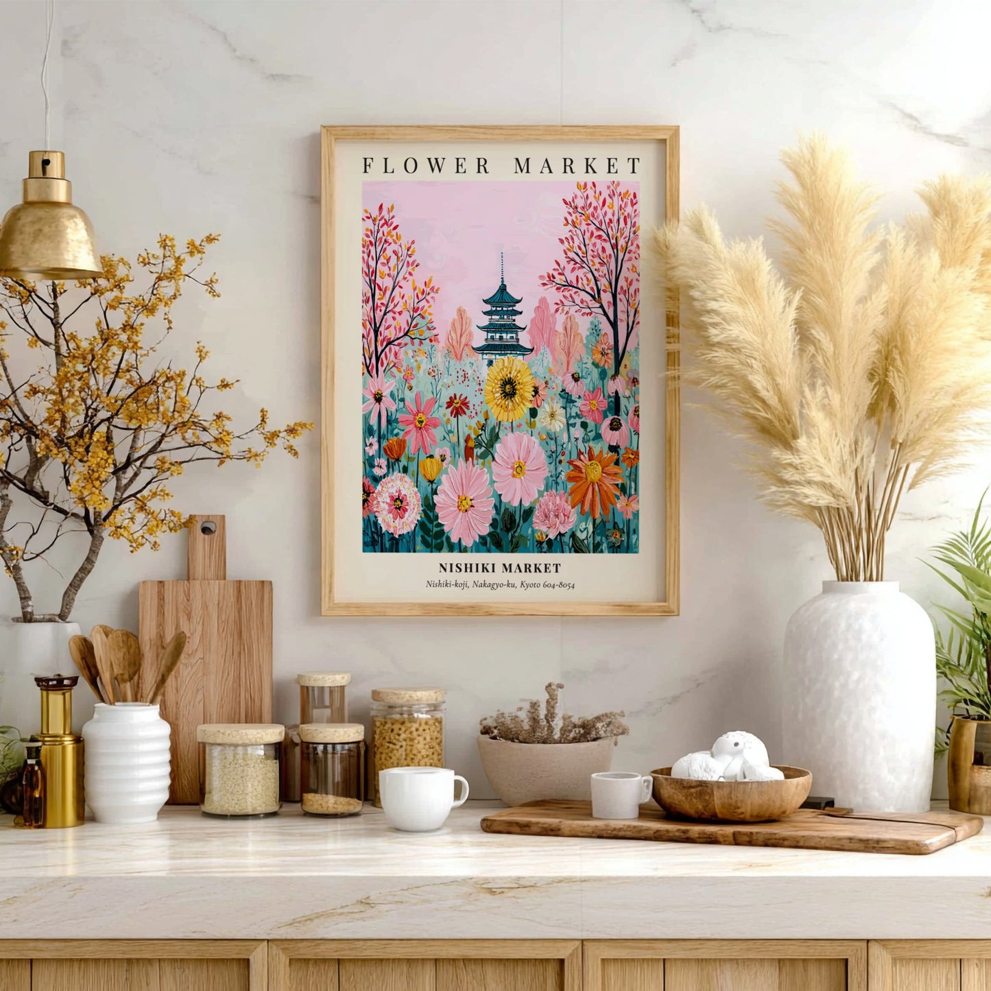 Floral art print featuring colorful flowers and a pagoda in a vibrant garden setting