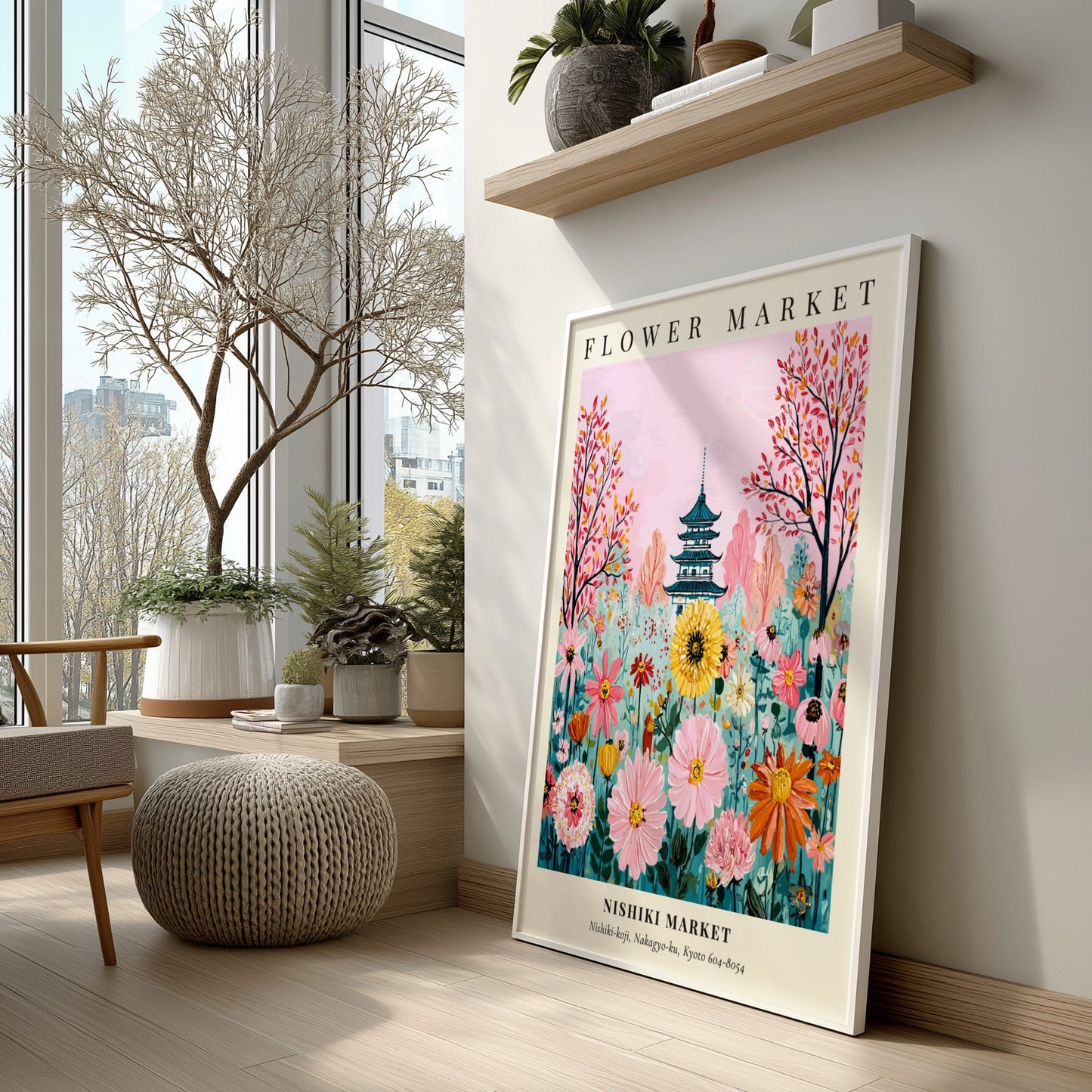 Floral art print featuring colorful flowers and a pagoda in a vibrant garden setting