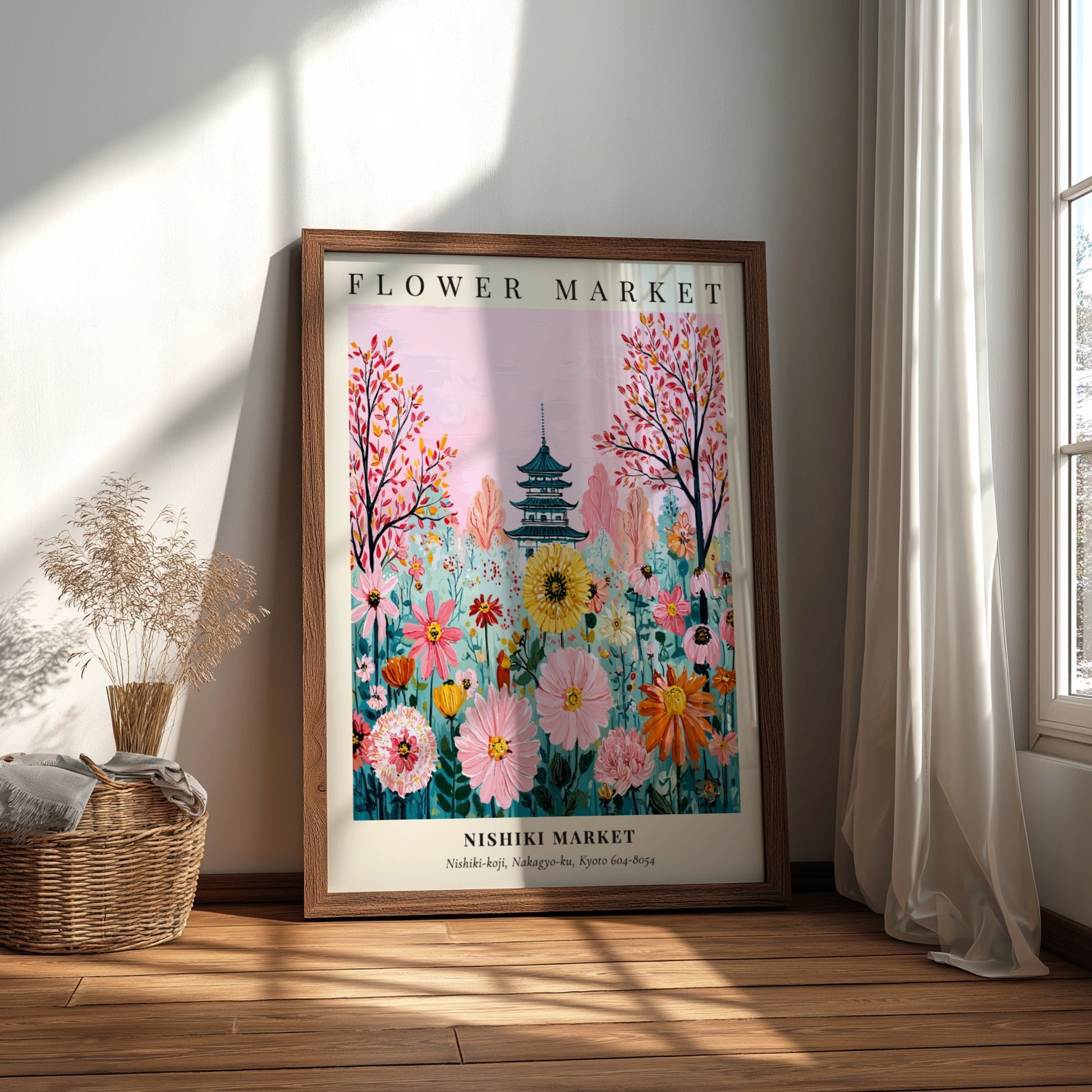 Floral art print featuring colorful flowers and a pagoda in a vibrant garden setting