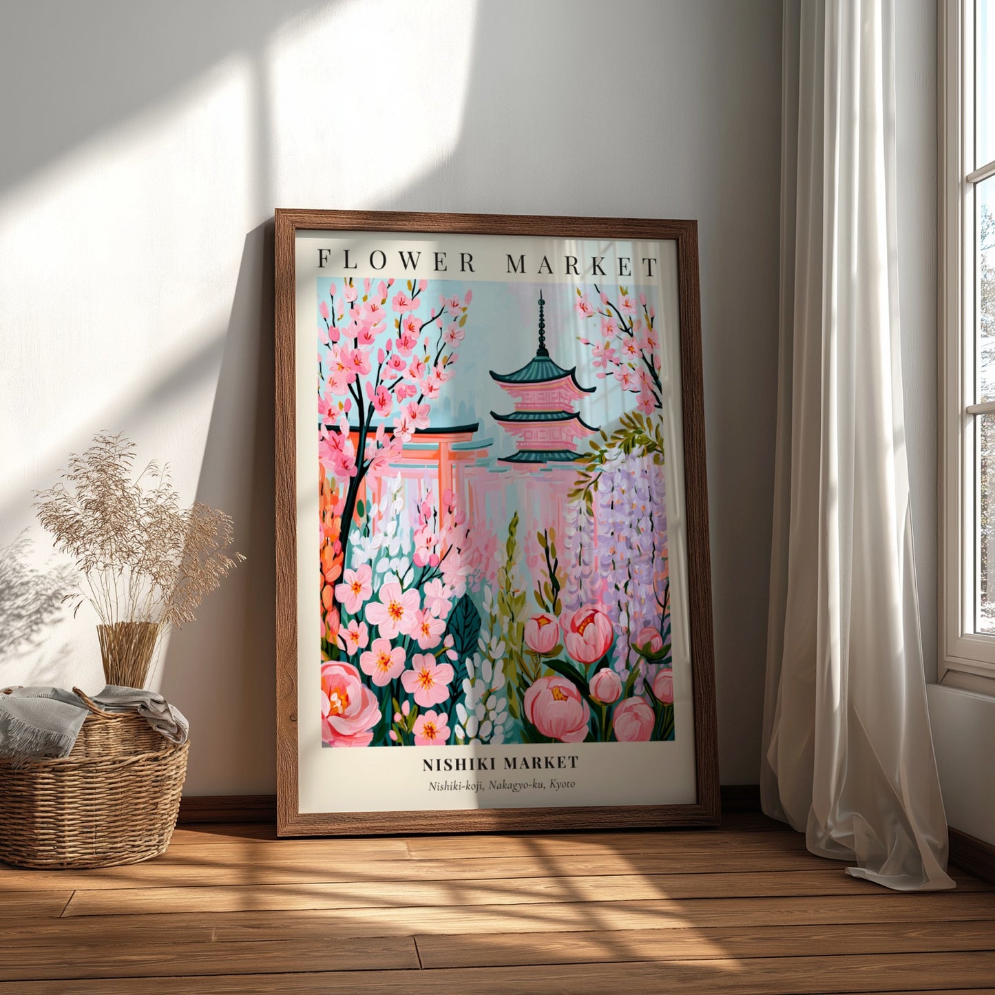Nishiki Market flower market artwork featuring pink blossoms and pagodas in pastel colors