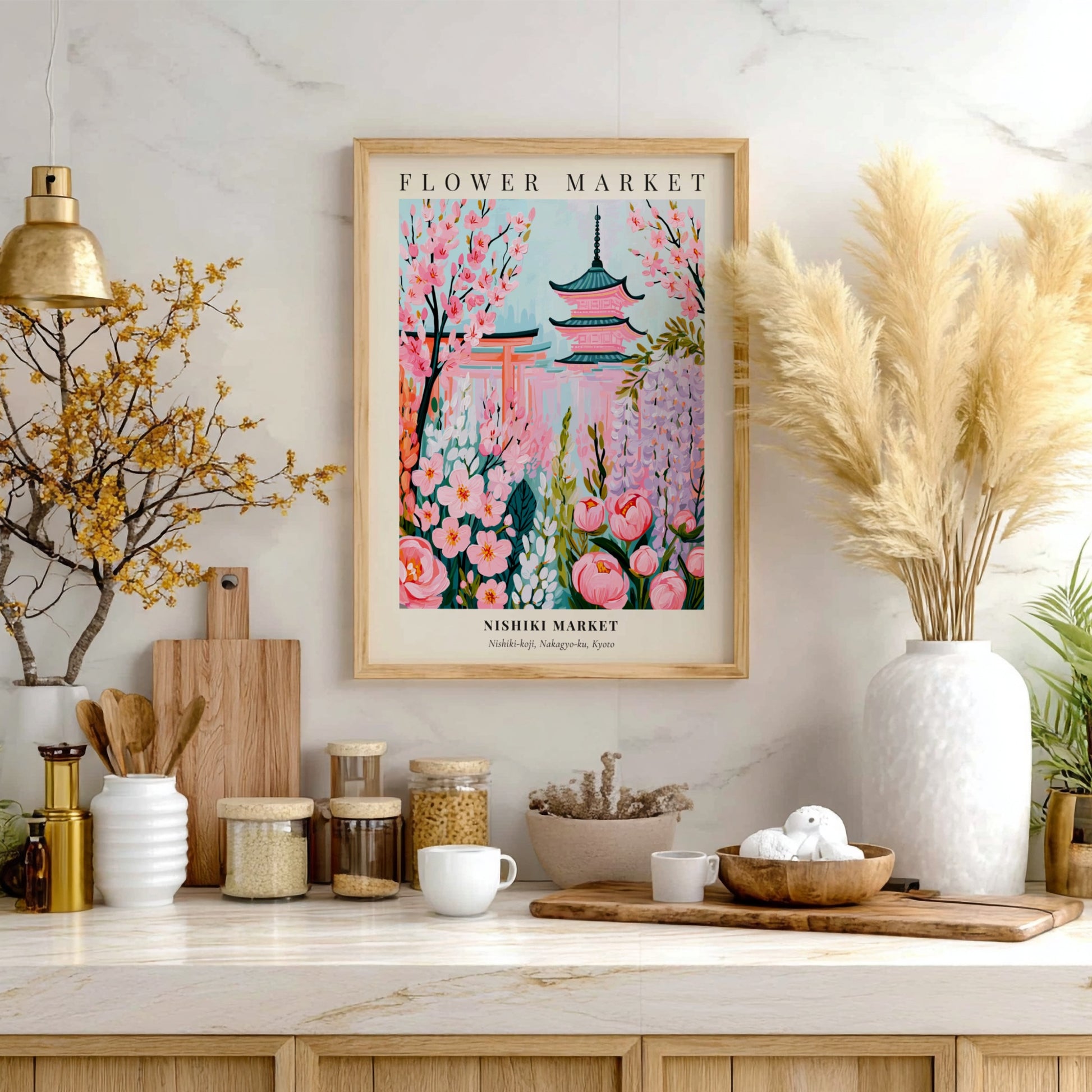Nishiki Market flower market artwork featuring pink blossoms and pagodas in pastel colors