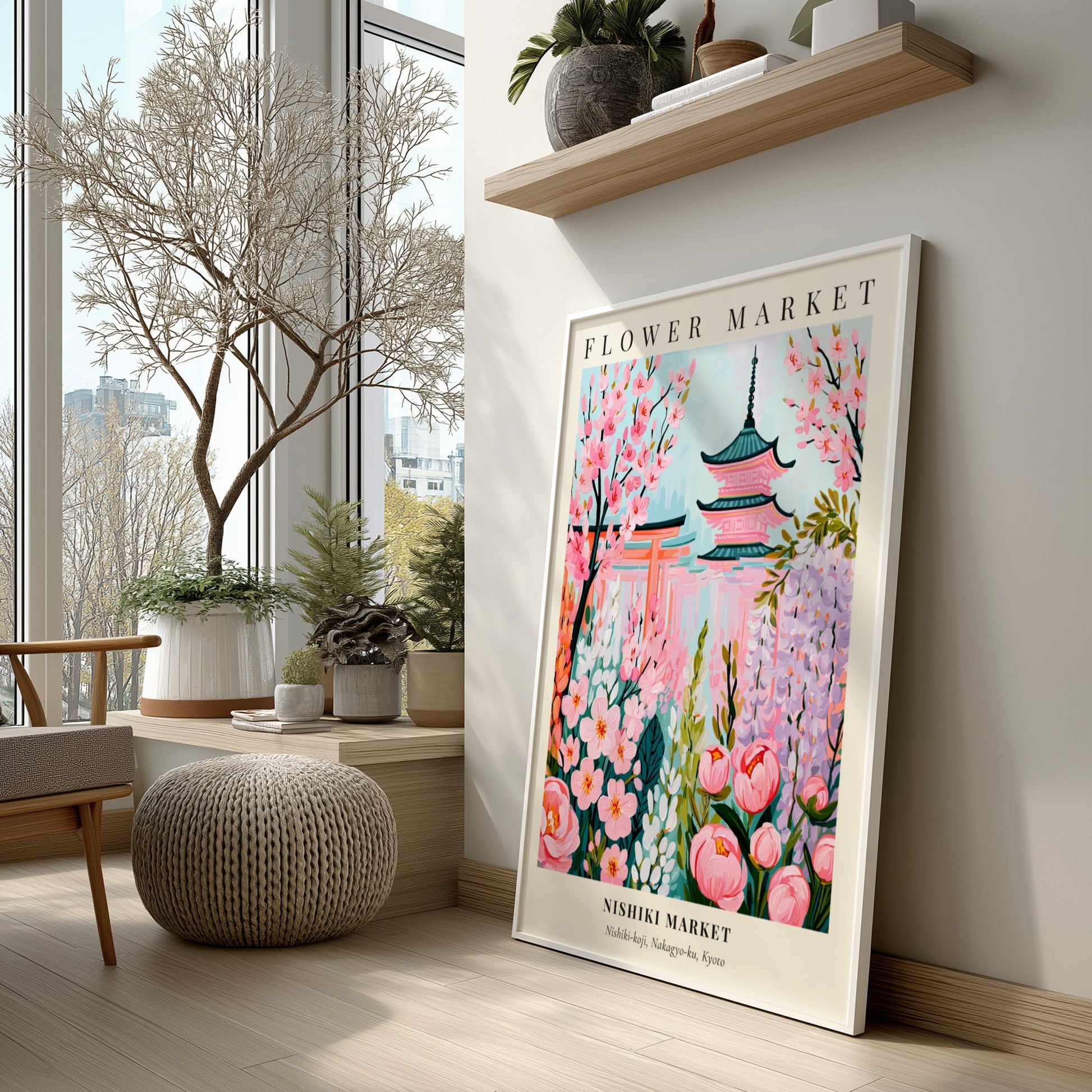 Nishiki Market flower market artwork featuring pink blossoms and pagodas in pastel colors