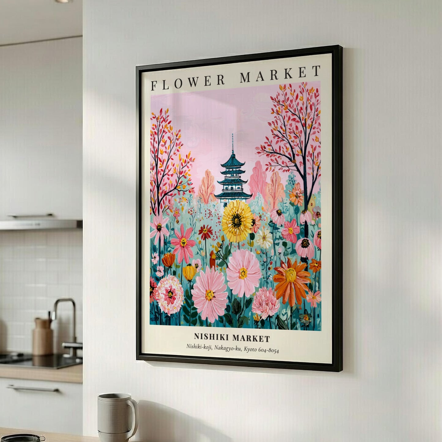 Floral art print featuring colorful flowers and a pagoda in a vibrant garden setting