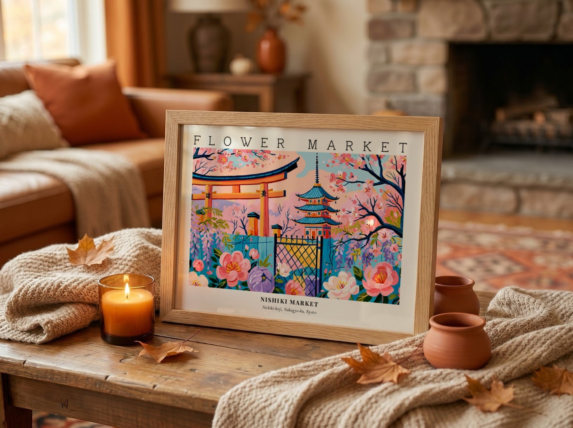 Flower market poster featuring Nishiki Market blossoms in vibrant colors and traditional architecture