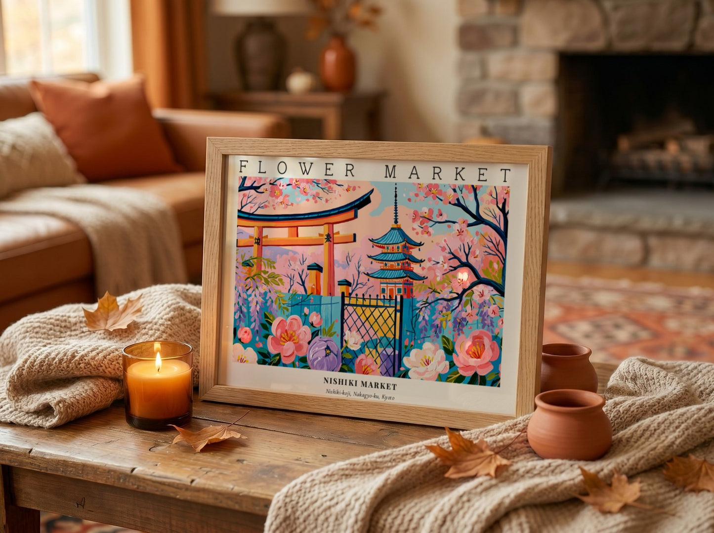 Flower market posters featuring vibrant flowers and traditional architecture in a colorful landscape