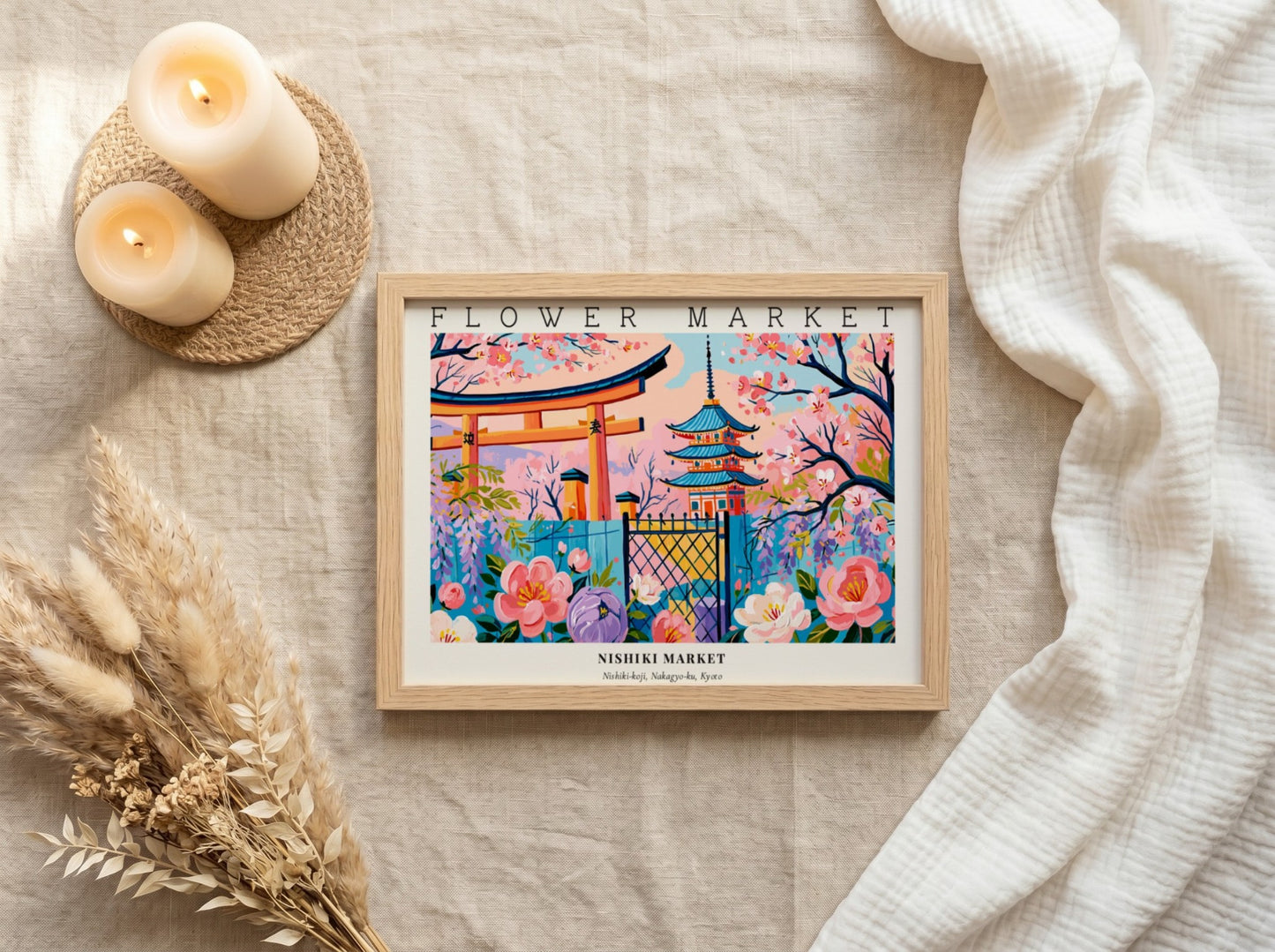 Flower market posters featuring vibrant flowers and traditional architecture in a colorful landscape
