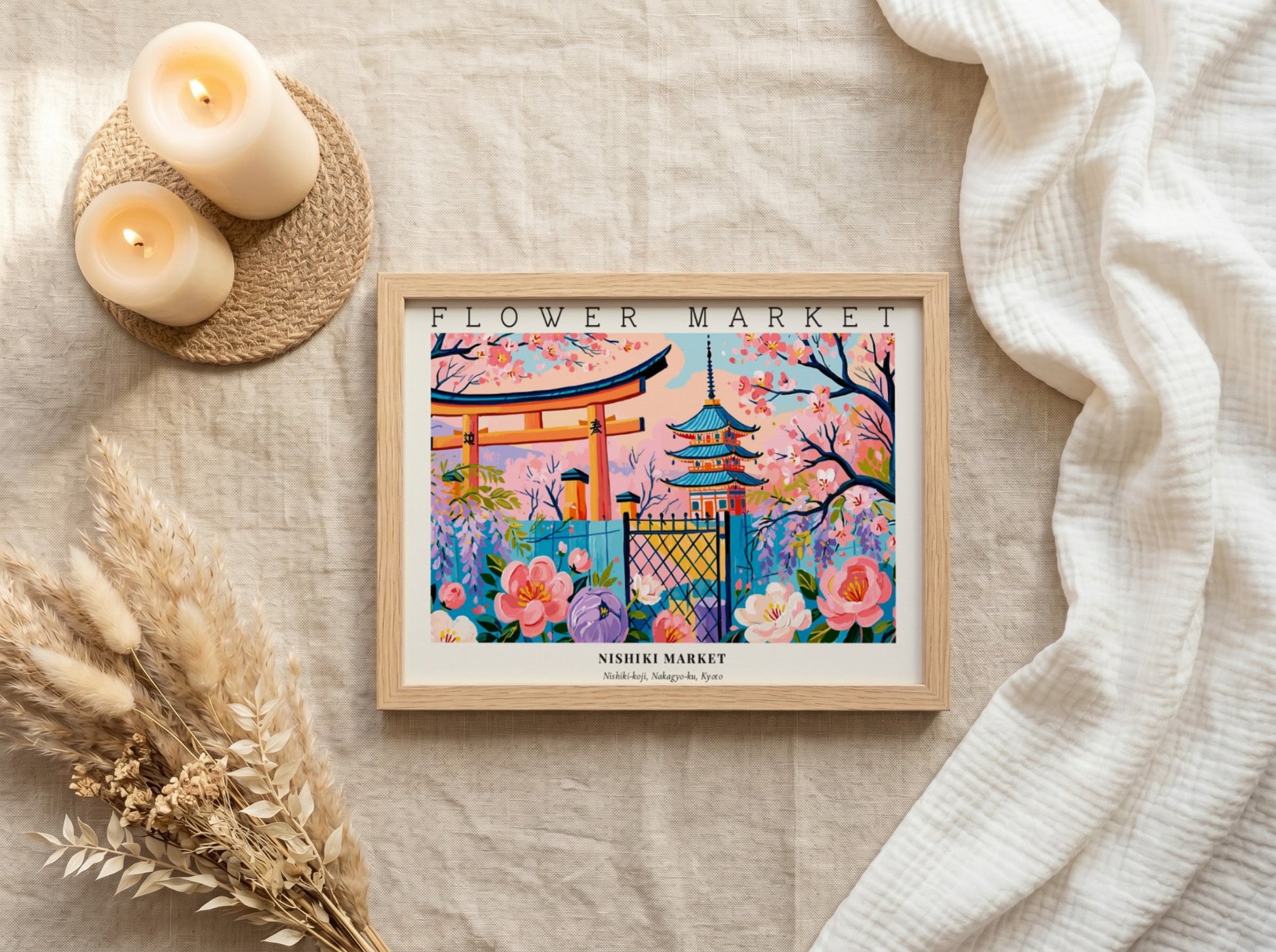Flower market posters featuring vibrant flowers and traditional architecture in a colorful landscape