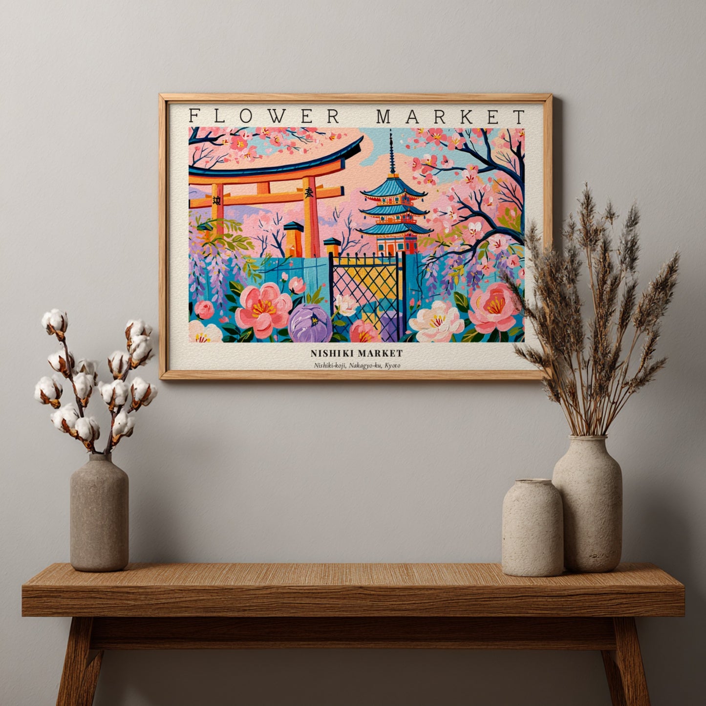 Flower market posters featuring vibrant flowers and traditional architecture in a colorful landscape