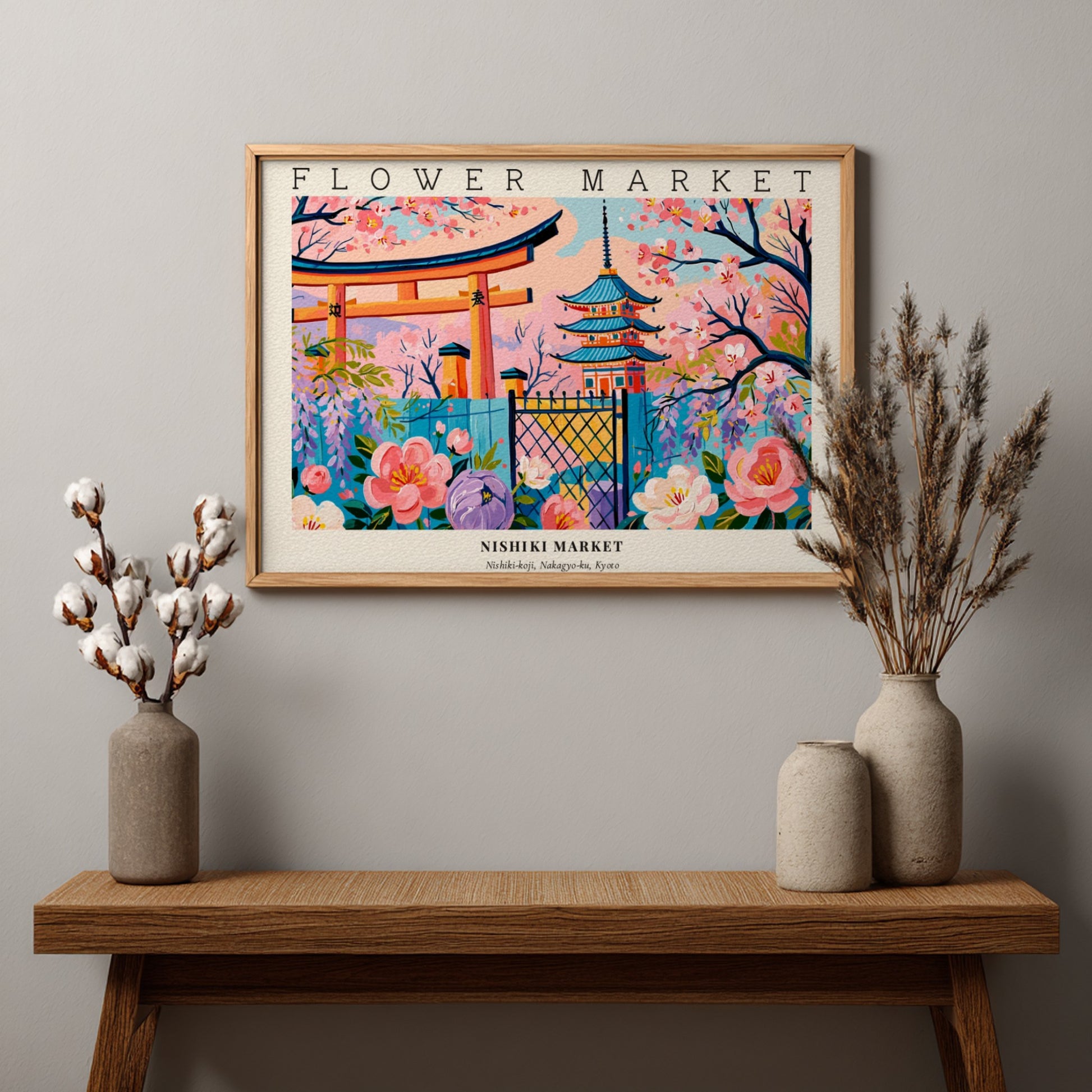 Flower market posters featuring vibrant flowers and traditional architecture in a colorful landscape