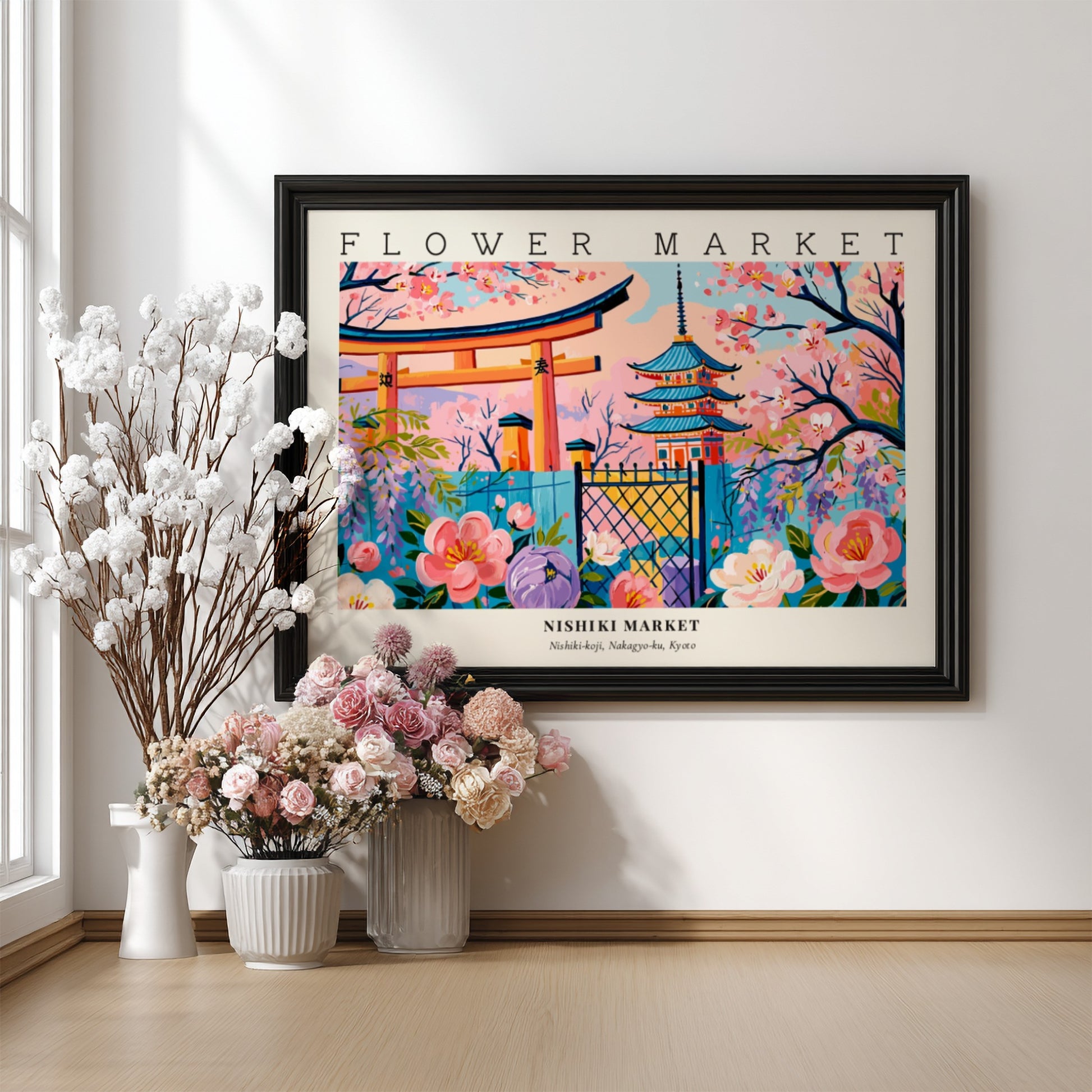 Flower market posters featuring vibrant flowers and traditional architecture in a colorful landscape