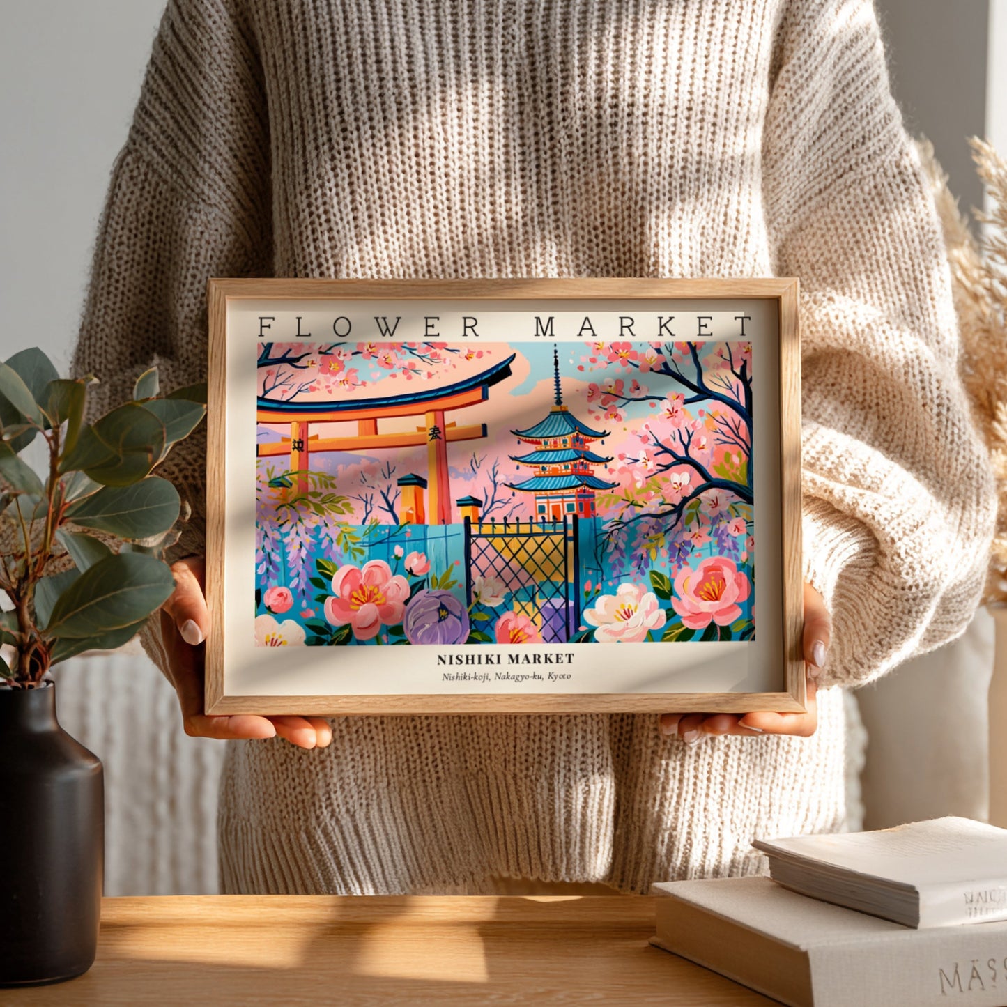 Flower market posters featuring vibrant flowers and traditional architecture in a colorful landscape