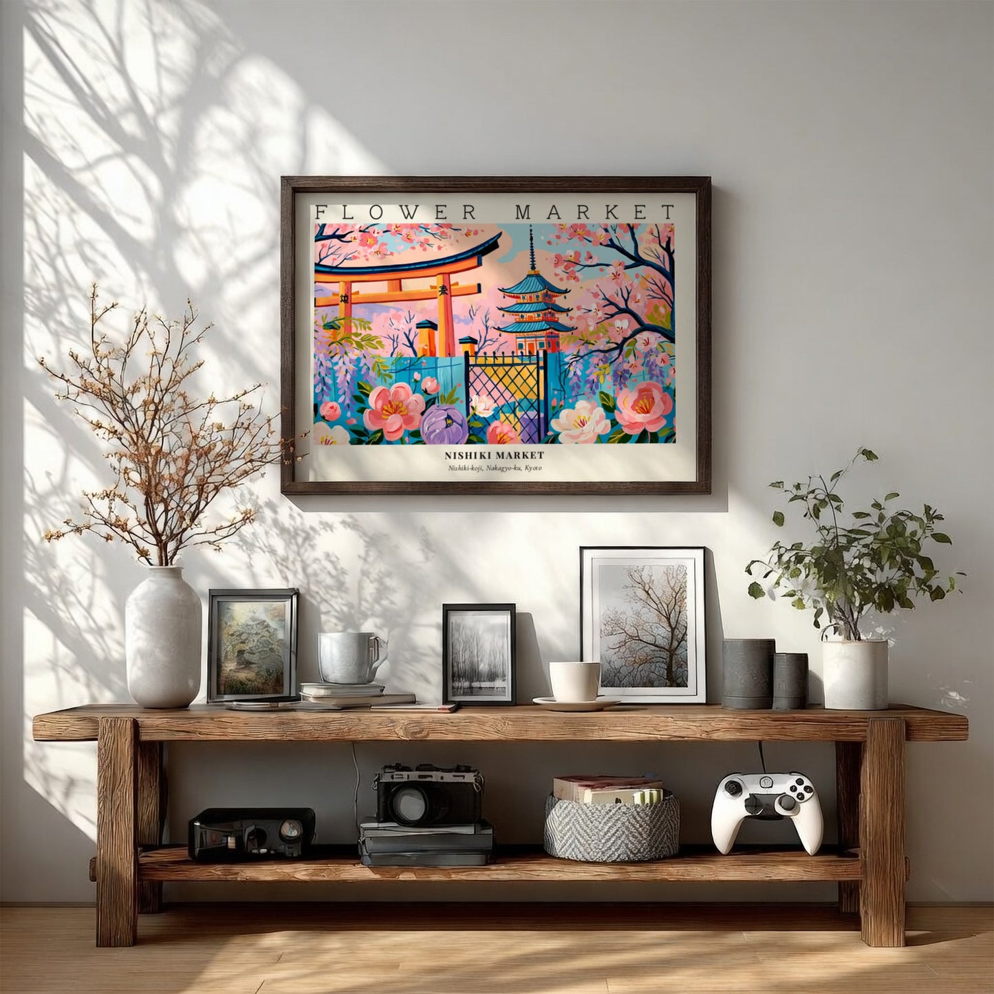 Flower market posters featuring vibrant flowers and traditional architecture in a colorful landscape