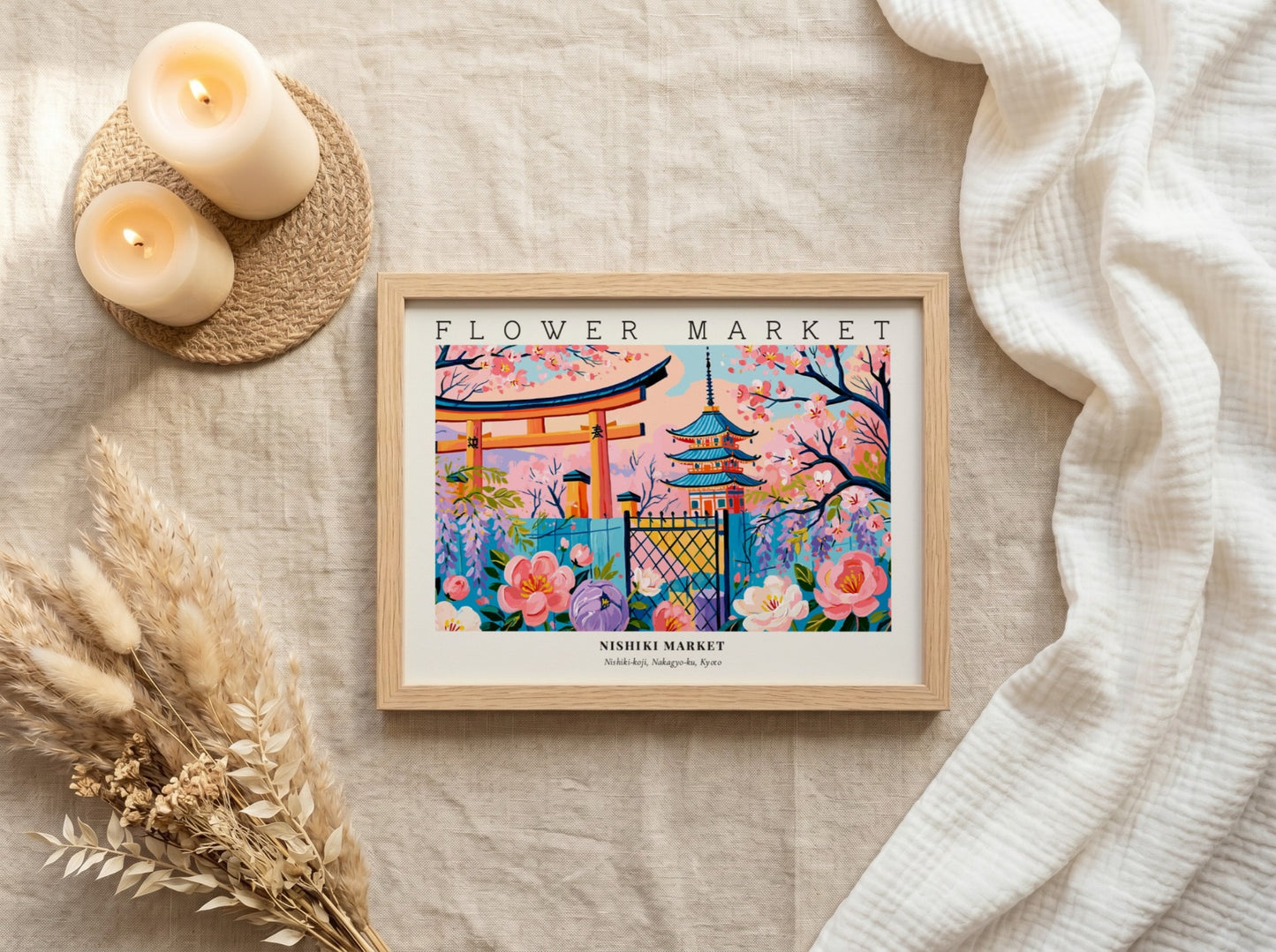 Flower market poster featuring Nishiki Market blossoms in vibrant colors and traditional architecture