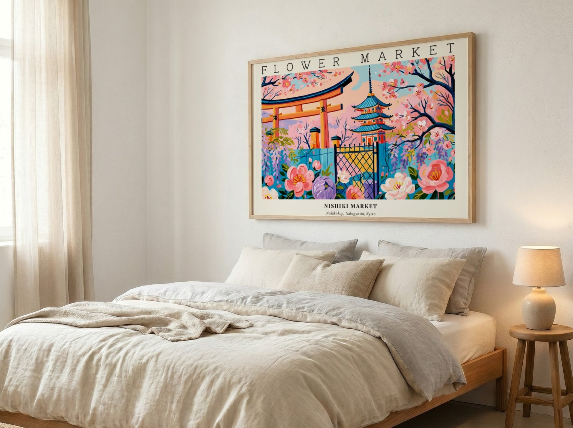 Flower market posters featuring vibrant flowers and traditional architecture in a colorful landscape
