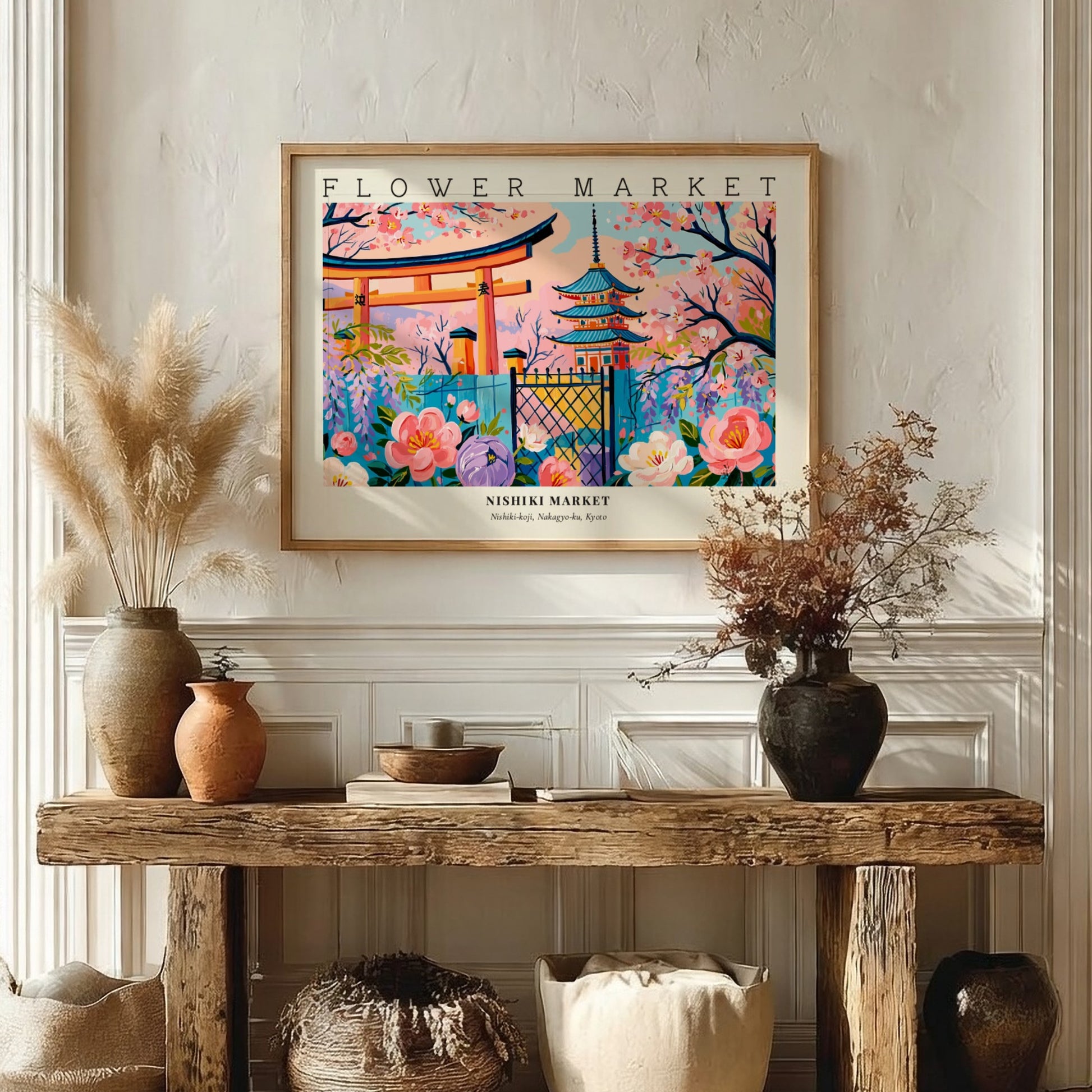 Flower market poster featuring Nishiki Market blossoms in vibrant colors and traditional architecture