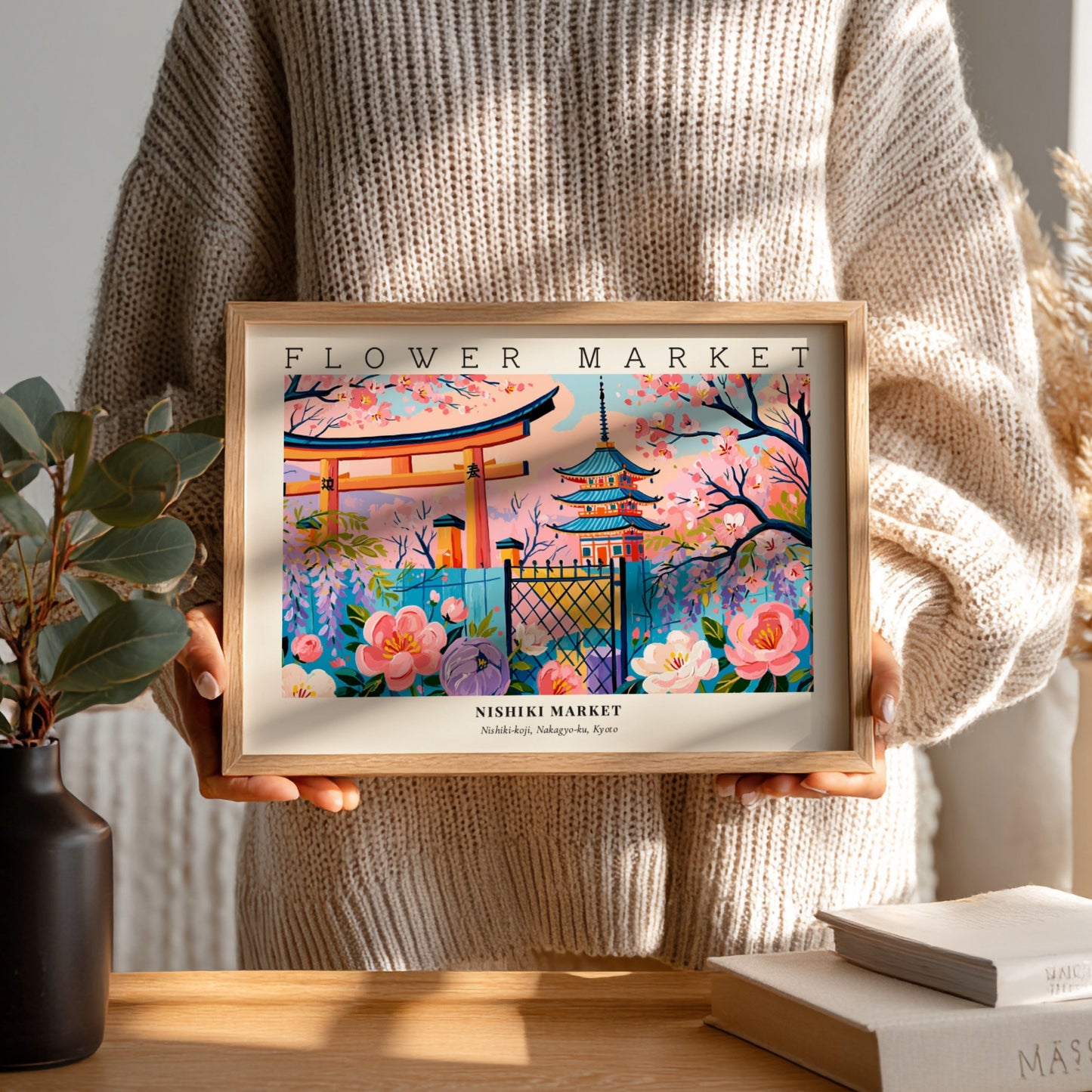 Flower market poster featuring Nishiki Market blossoms in vibrant colors and traditional architecture