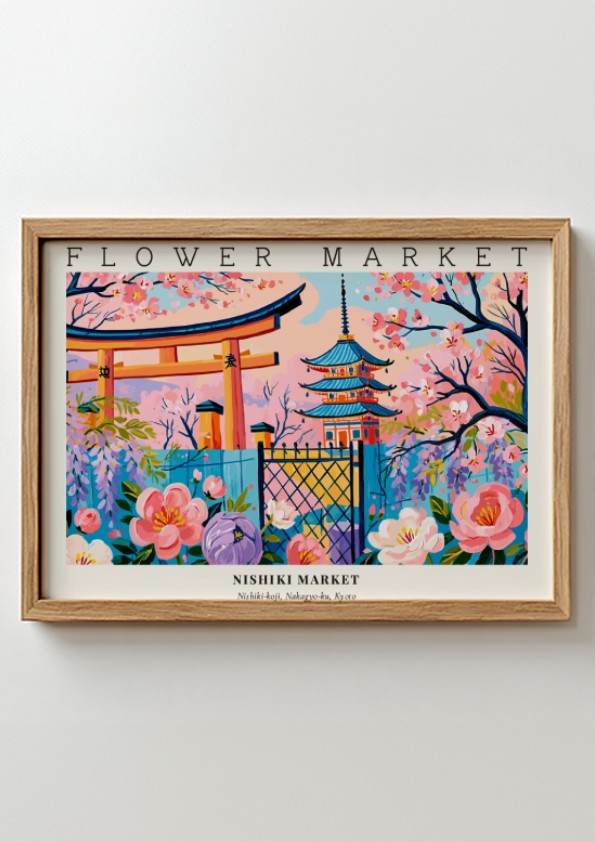 Flower market posters featuring vibrant flowers and traditional architecture in a colorful landscape