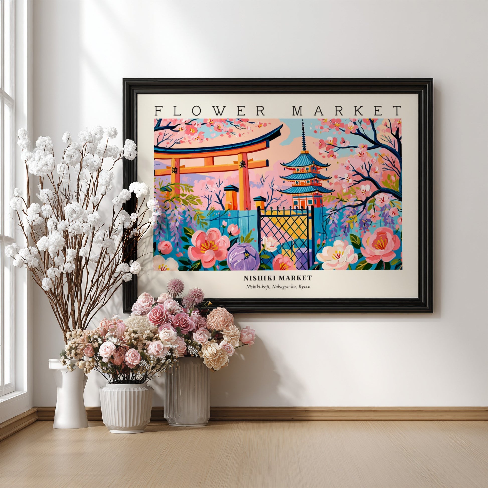 Flower market poster featuring Nishiki Market blossoms in vibrant colors and traditional architecture