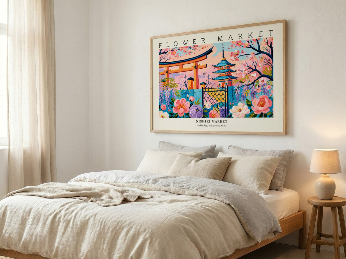 Flower market poster featuring Nishiki Market blossoms in vibrant colors and traditional architecture