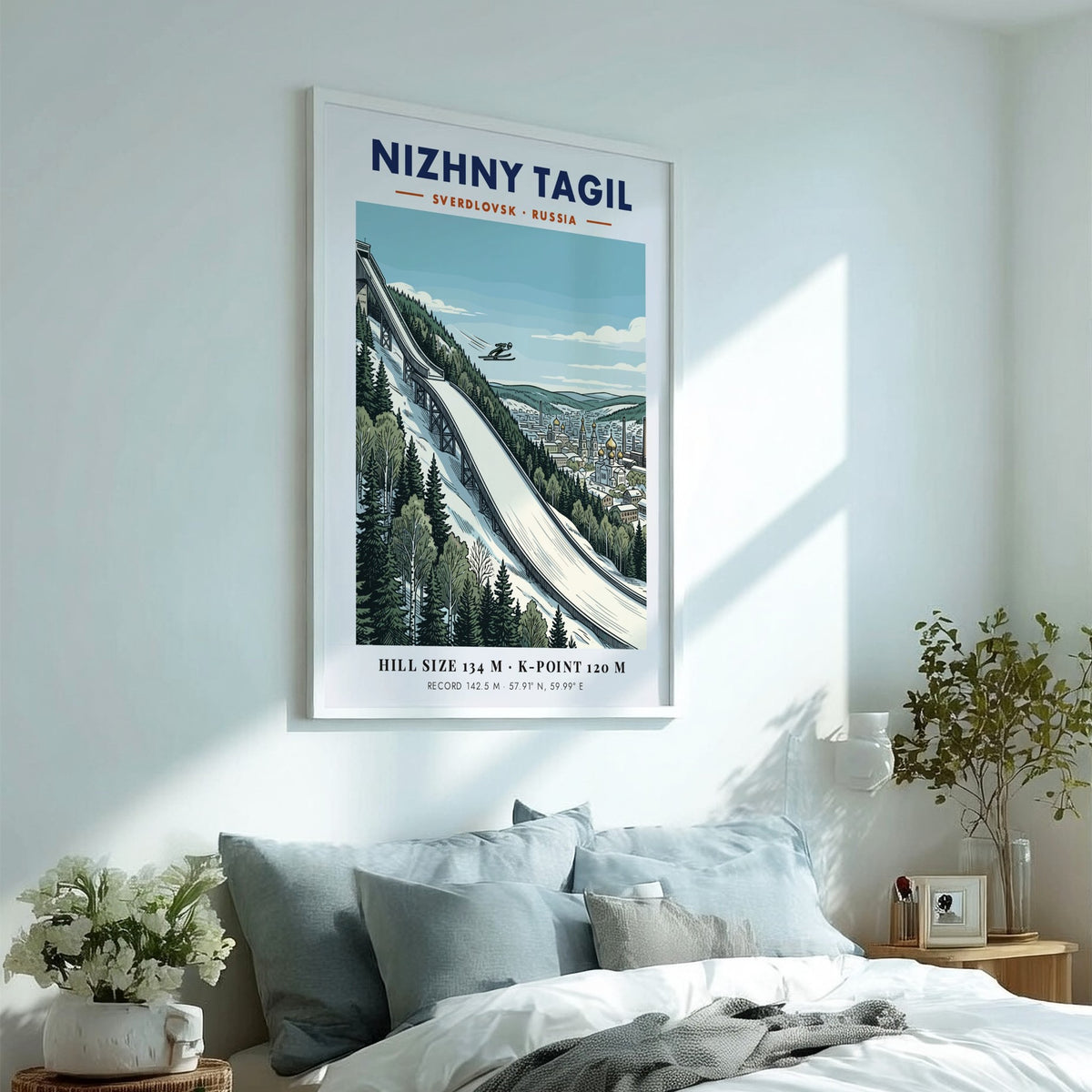 Poster of a ski jumper over Nizhny Tagil with a city skyline background.