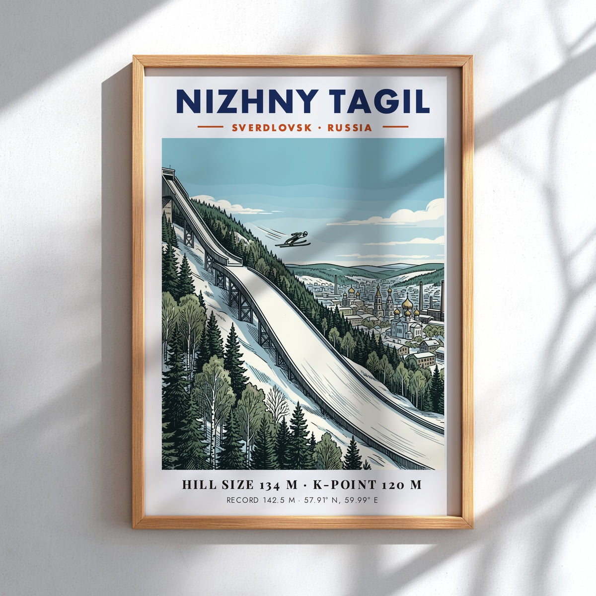 Poster of a ski jumper over Nizhny Tagil with a city skyline background.