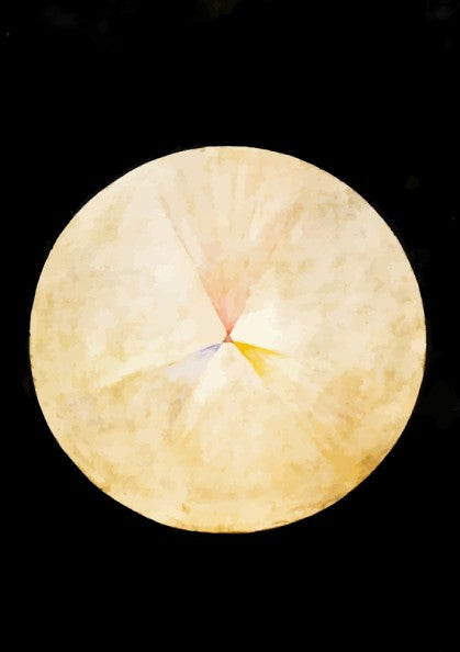 Poster of Hilma af Klint's abstract drawing 'No. 14, The Swan' in yellow, pink, and blue hues.