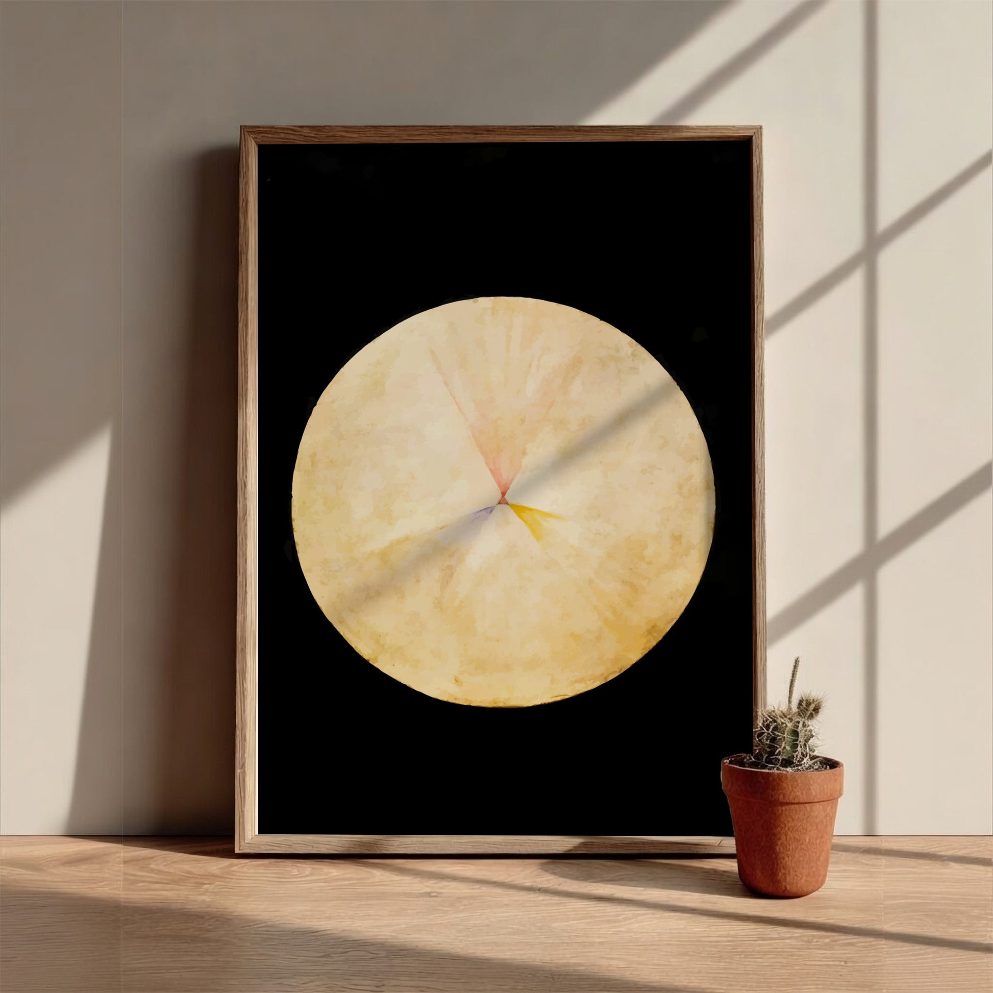 Poster of Hilma af Klint's abstract drawing 'No. 14, The Swan' in yellow, pink, and blue hues.