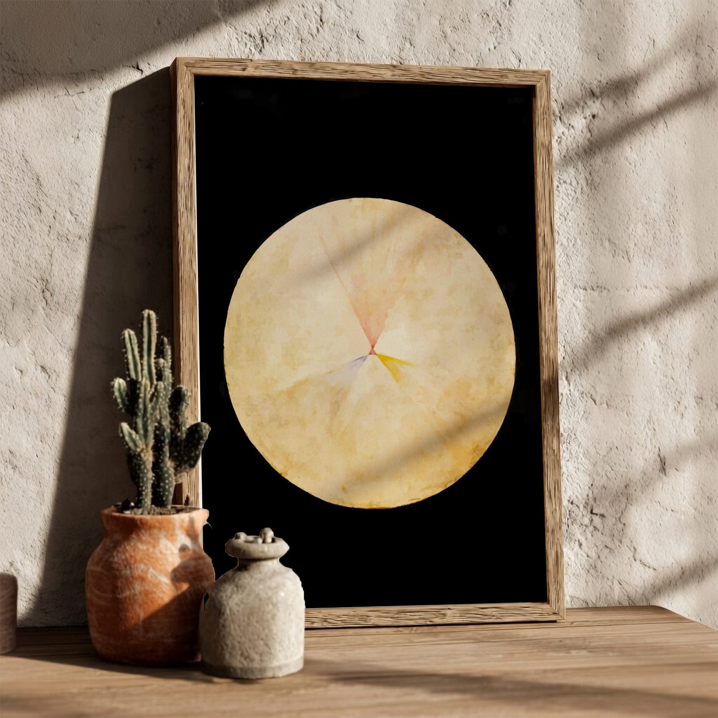 Poster of Hilma af Klint's abstract drawing 'No. 14, The Swan' in yellow, pink, and blue hues.