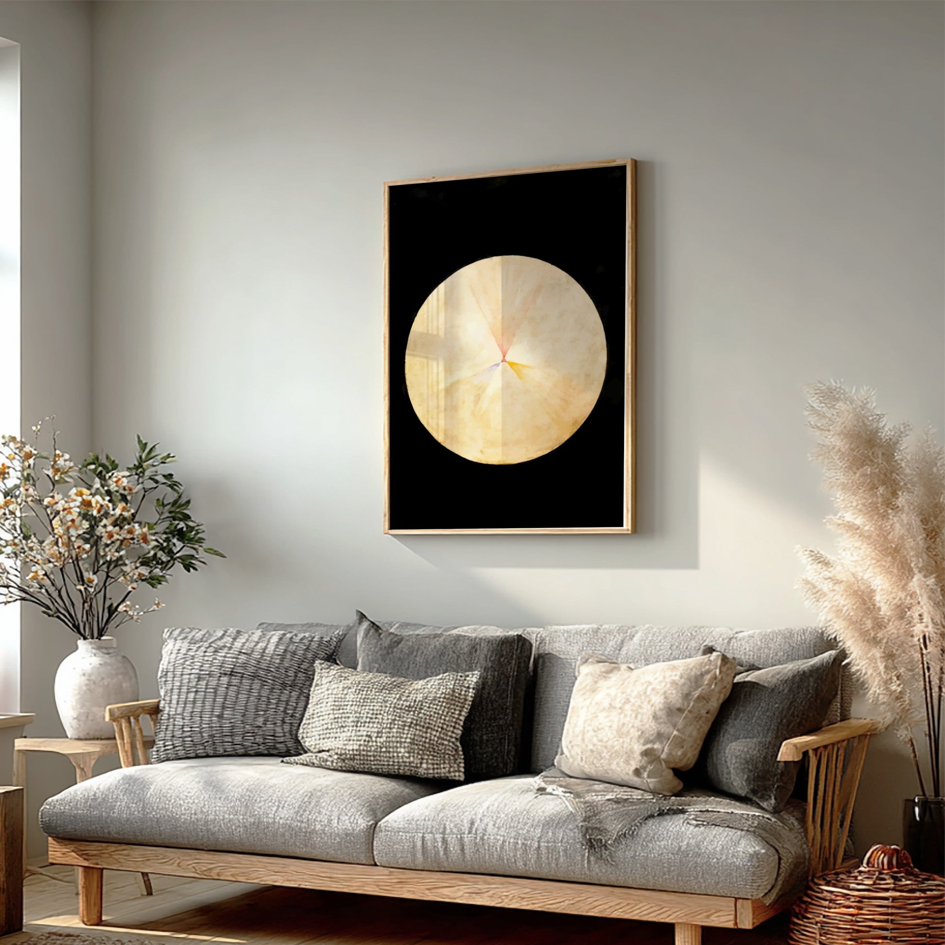 Poster of Hilma af Klint's abstract drawing 'No. 14, The Swan' in yellow, pink, and blue hues.