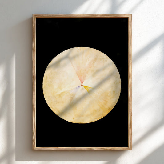 Poster of Hilma af Klint's abstract drawing 'No. 14, The Swan' in yellow, pink, and blue hues.