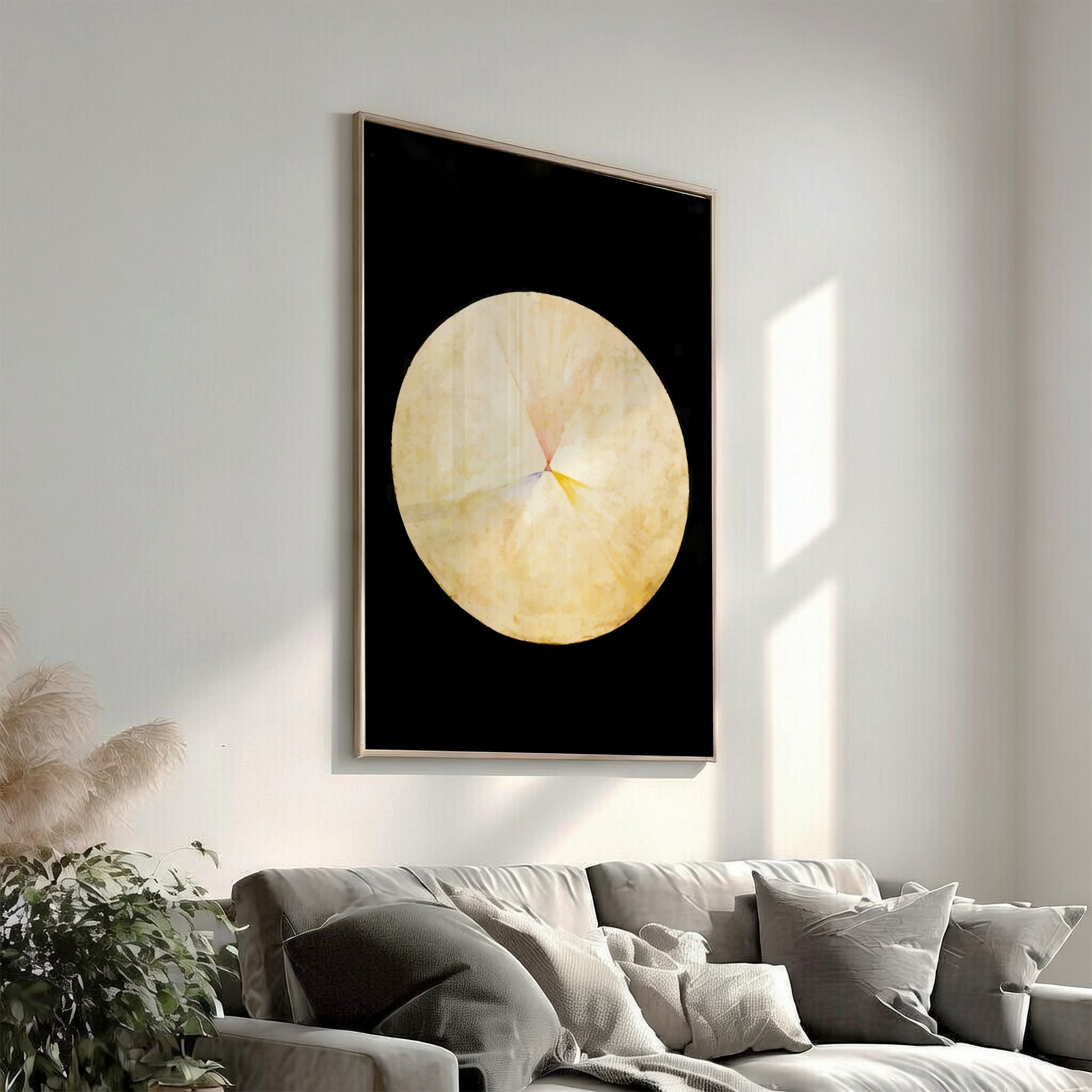 Poster of Hilma af Klint's abstract drawing 'No. 14, The Swan' in yellow, pink, and blue hues.