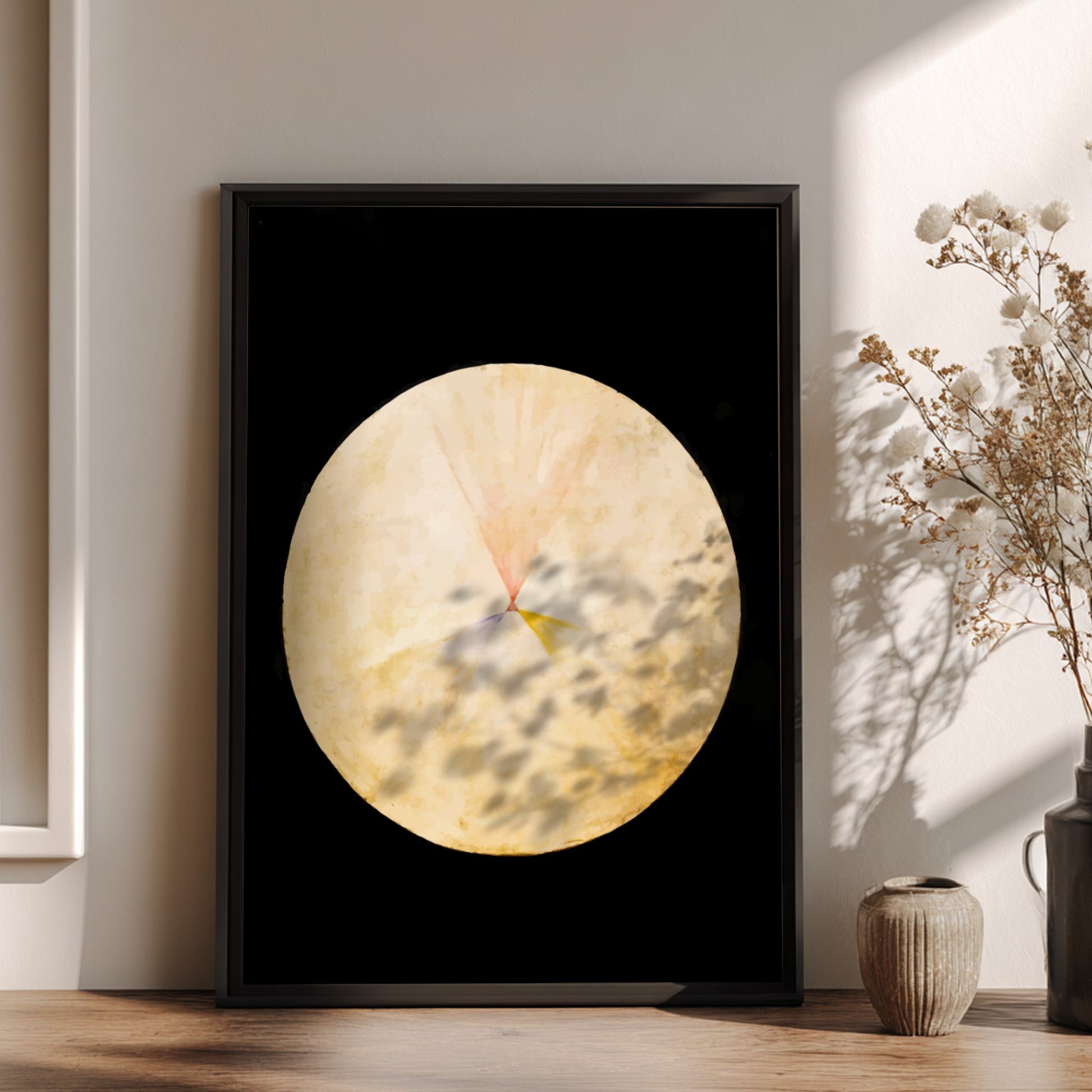 Poster of Hilma af Klint's abstract drawing 'No. 14, The Swan' in yellow, pink, and blue hues.