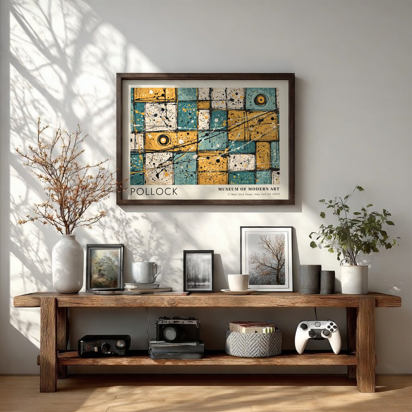 Wall art poster featuring Jackson Pollock No 31 action painting with blue yellow grid