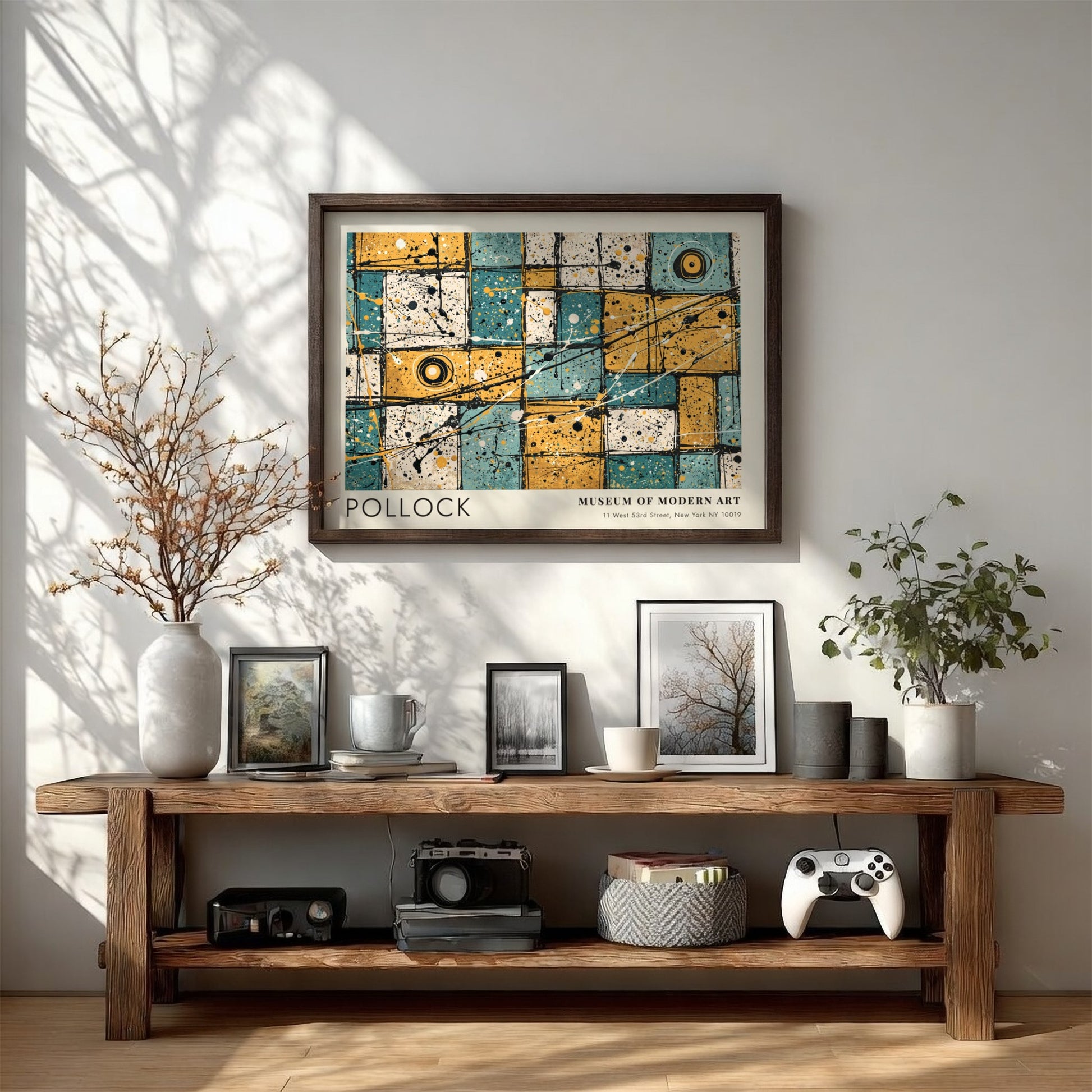 Wall art poster featuring Jackson Pollock No 31 action painting with blue yellow grid