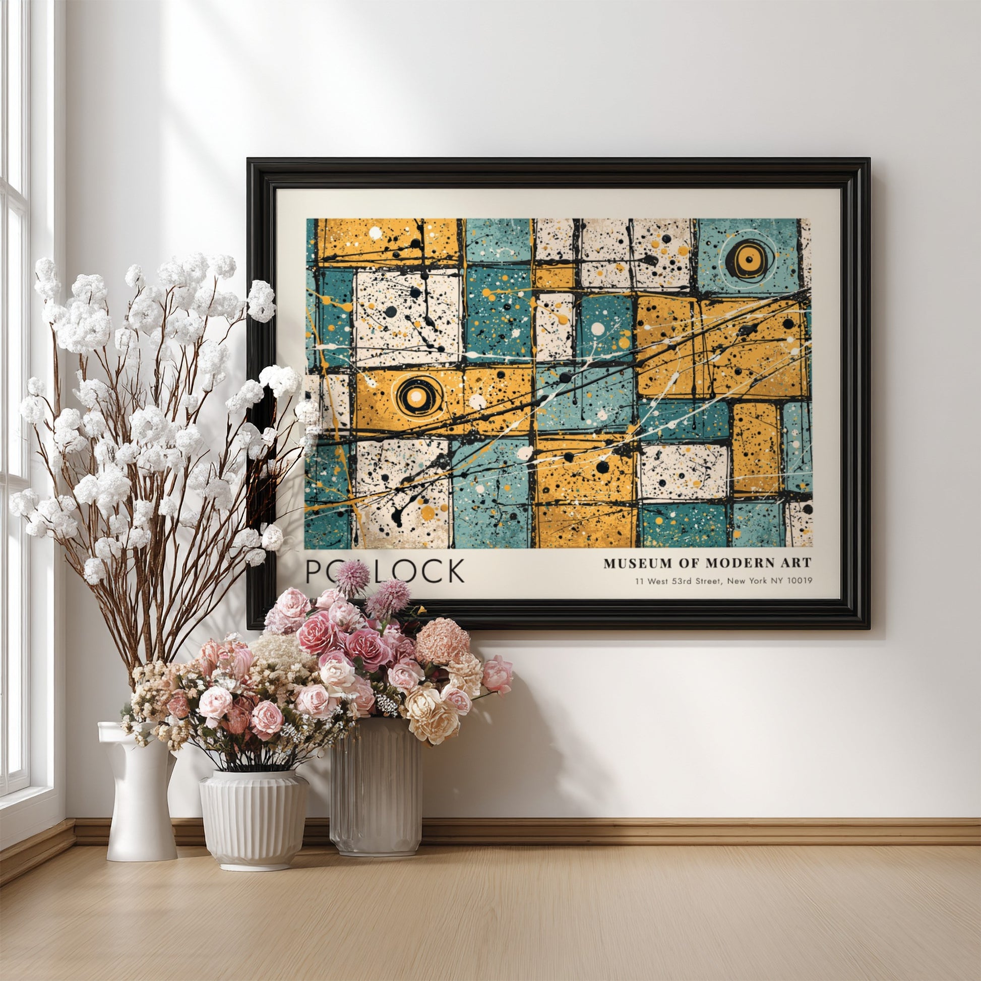 Wall art poster featuring Jackson Pollock No 31 action painting with blue yellow grid