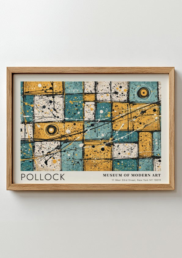 Wall art poster featuring Jackson Pollock No 31 action painting with blue yellow grid