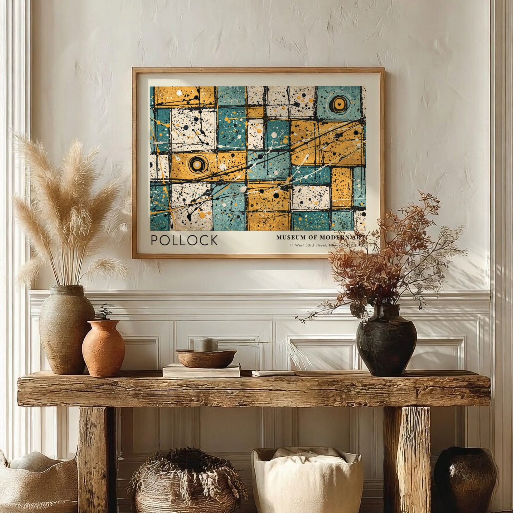 Wall art poster featuring Jackson Pollock No 31 action painting with blue yellow grid