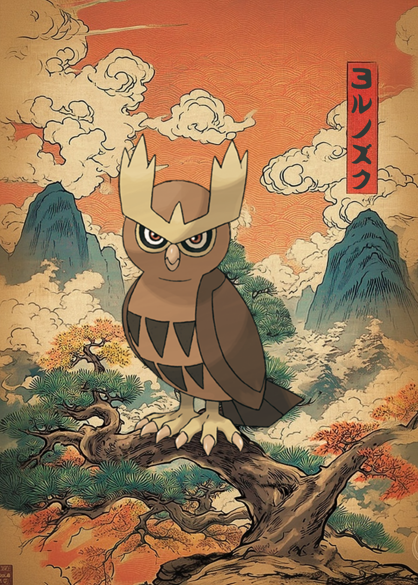 Noctowl Pokémon on a branch with mountain and cloud background