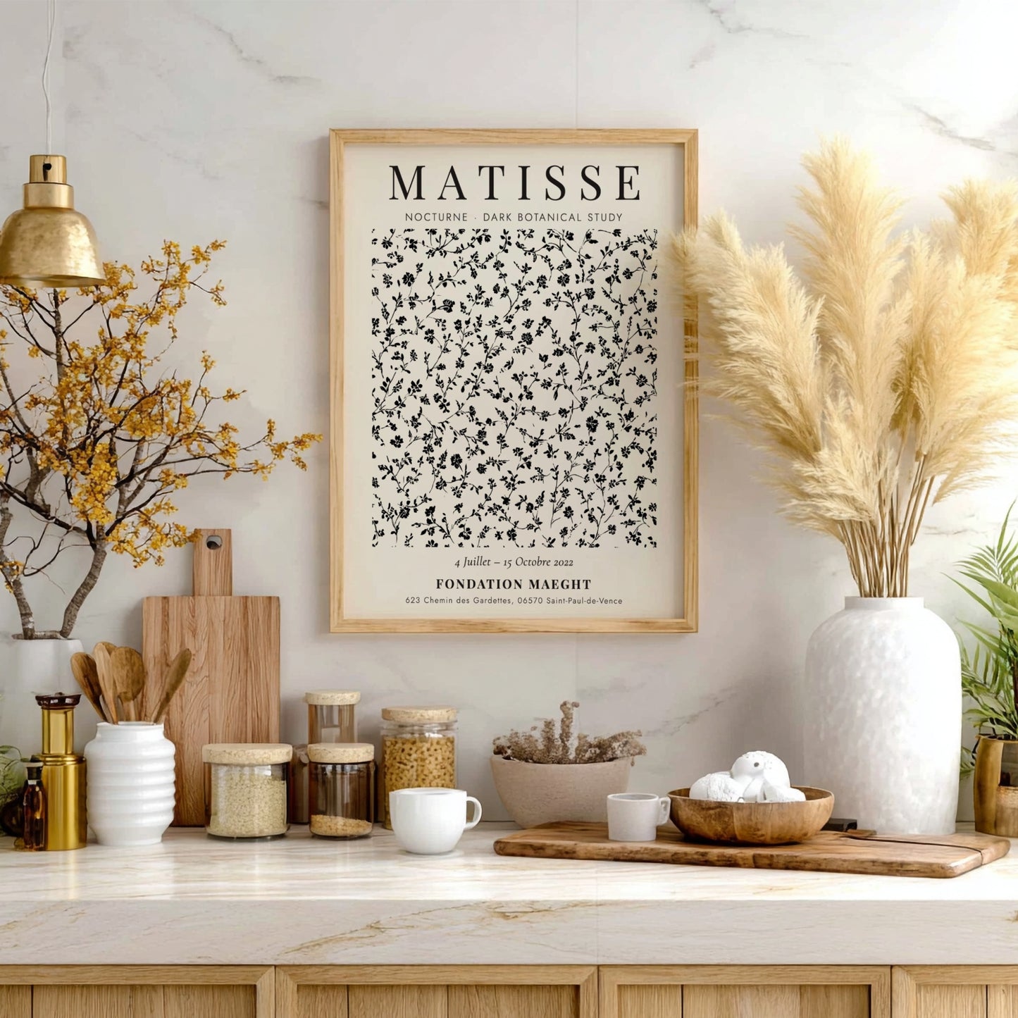Dark botanical study poster featuring intricate floral patterns in monochrome by Henri Matisse, perfect for