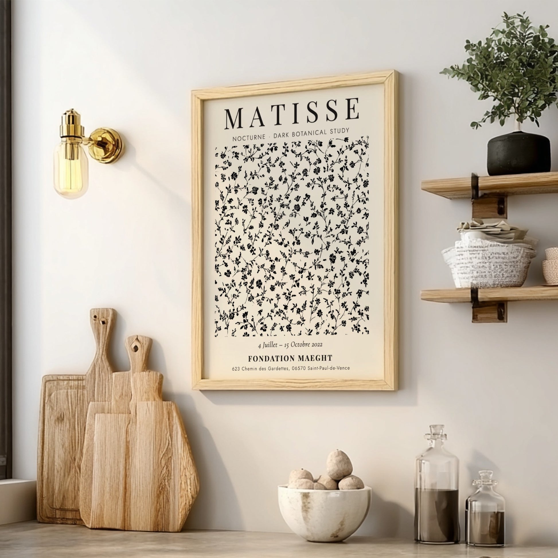 Dark botanical study poster featuring intricate floral patterns in monochrome by Henri Matisse, perfect for