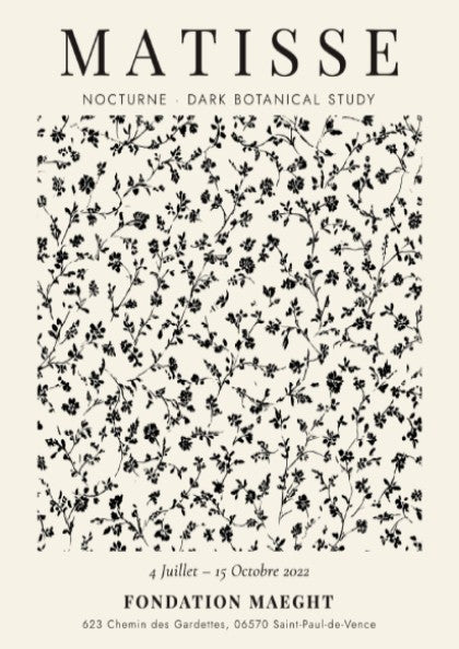 Dark botanical study poster featuring intricate floral patterns in monochrome by Henri Matisse, perfect for