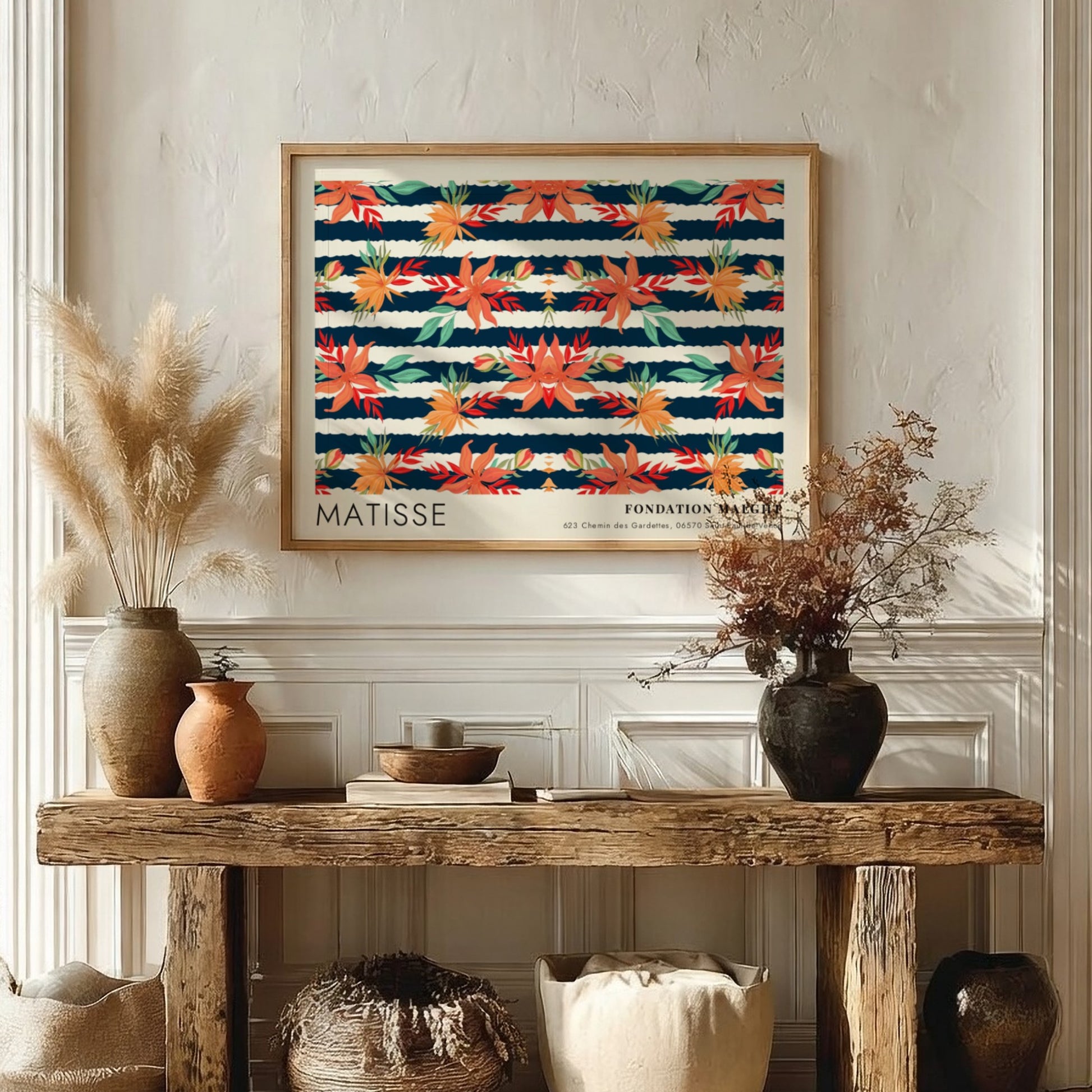 Henri Matisse poster featuring dark botanical design with vibrant florals and deep blue background
