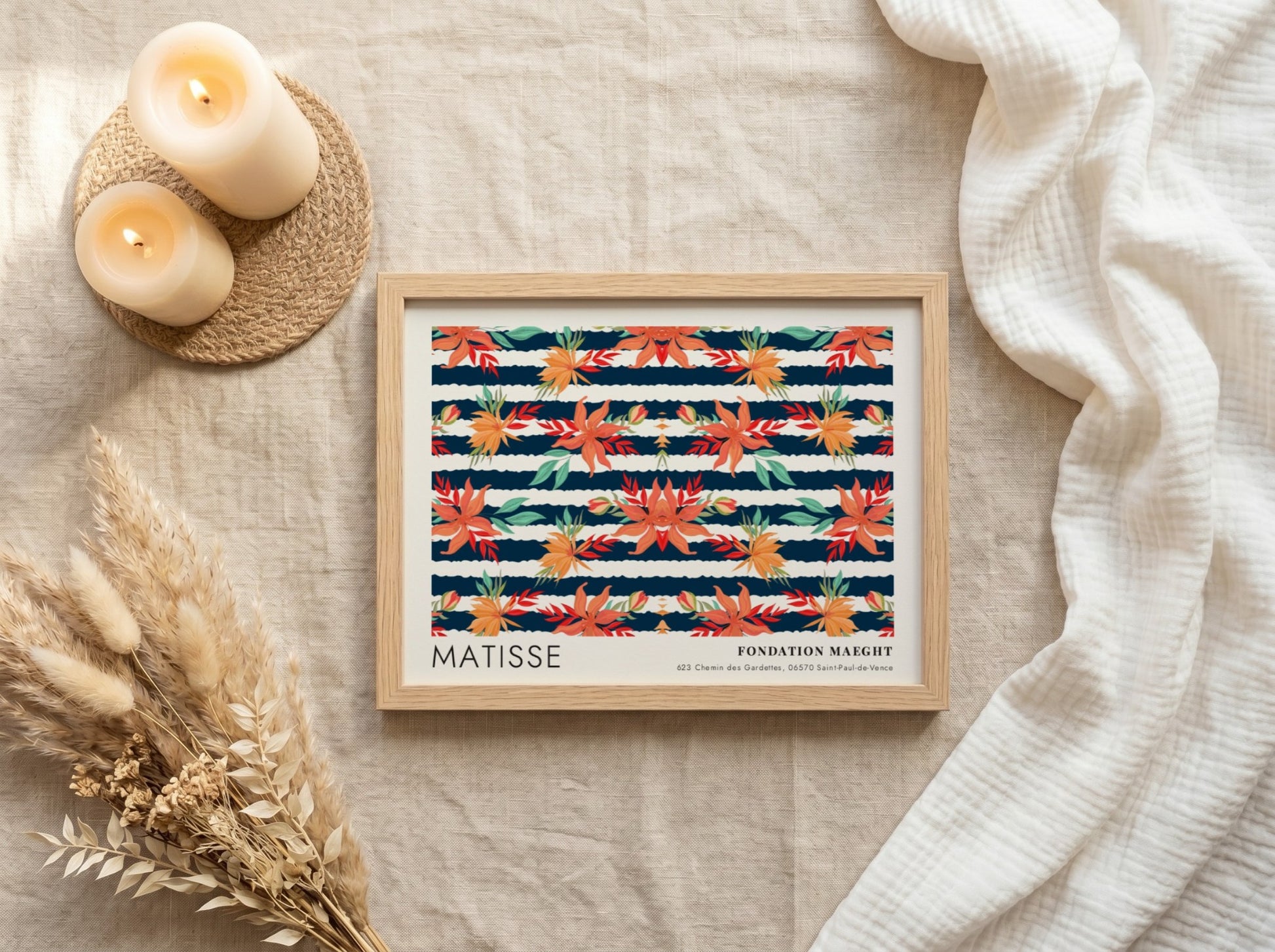 Nocturne wall art print featuring vibrant botanicals by Matisse, dark background, colorful design.