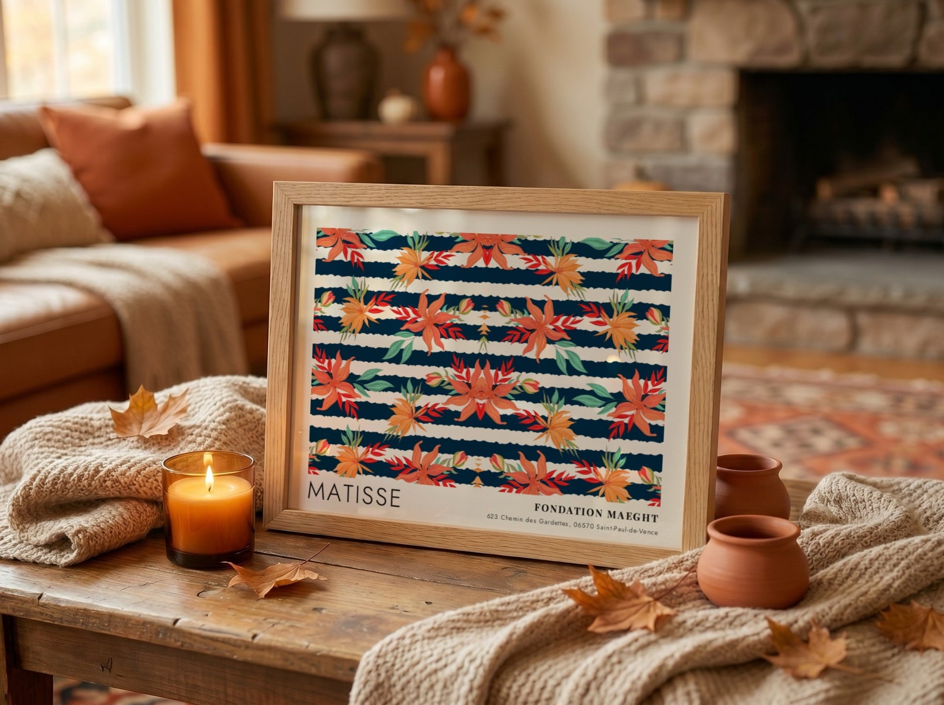 Nocturne wall art print featuring vibrant botanicals by Matisse, dark background, colorful design.